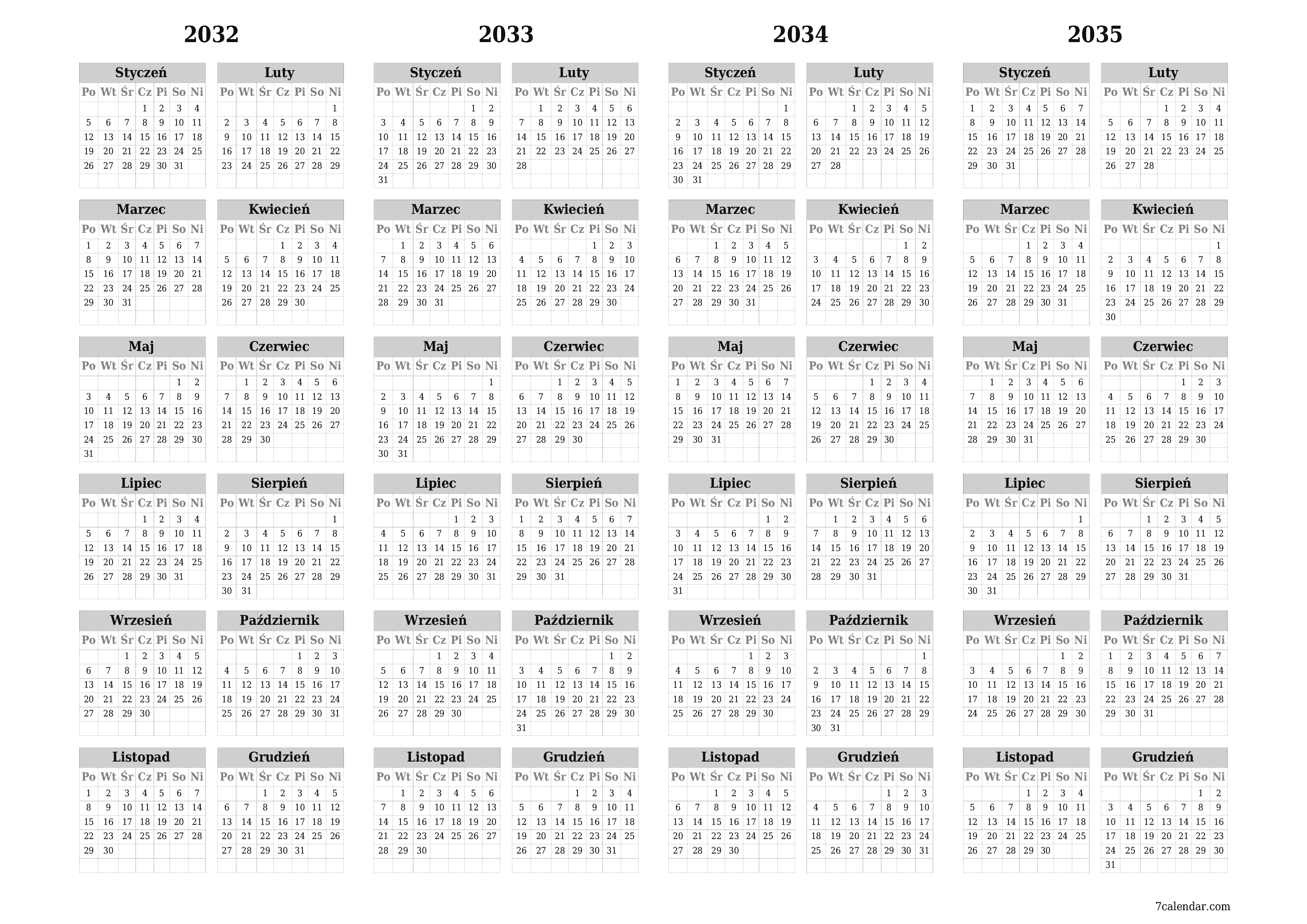 Opróżnij kalendarz rocznego planowania na rok 2032, 2033, 2034, 2035 z notatkami, zapisz i wydrukuj w formacie PDF PNG Polish