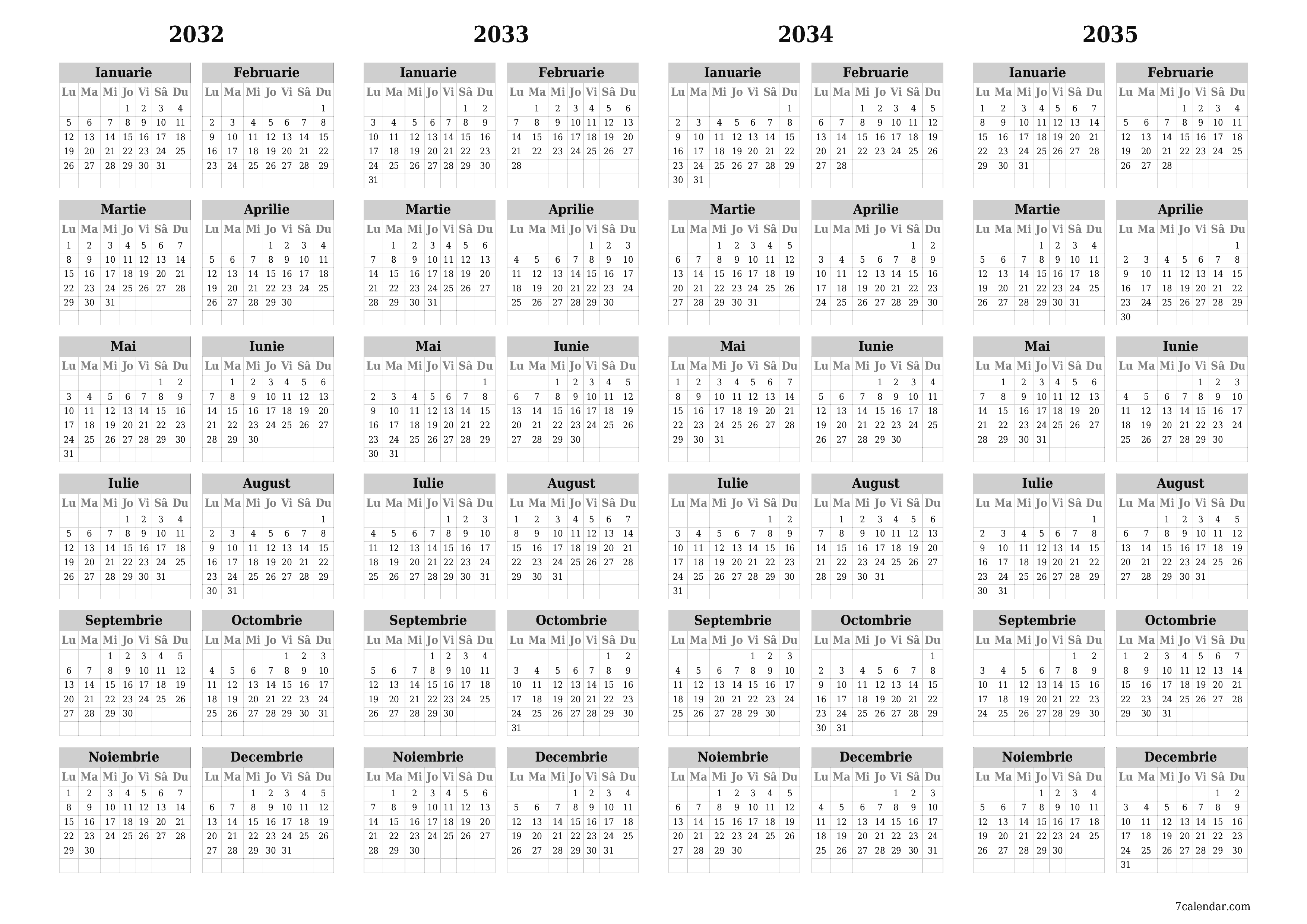 Goliți calendarul anual al planificatorului pentru anul 2032, 2033, 2034, 2035 cu note, salvați și tipăriți în PDF PNG Romanian