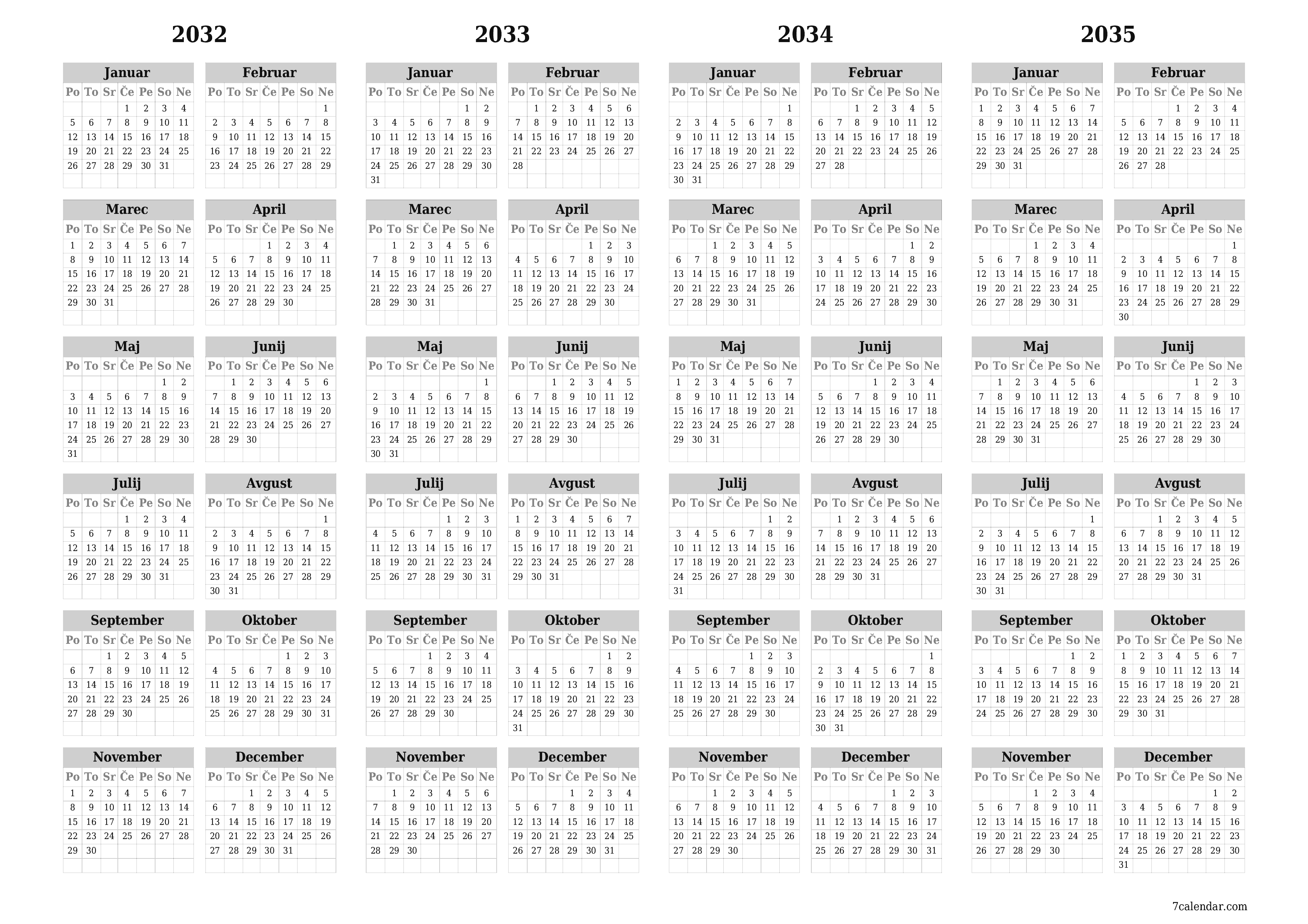 Prazen letni načrtovalec koledarja za leto 2032, 2033, 2034, 2035 z opombami za tiskanje v PDF-ju PNG Slovenian