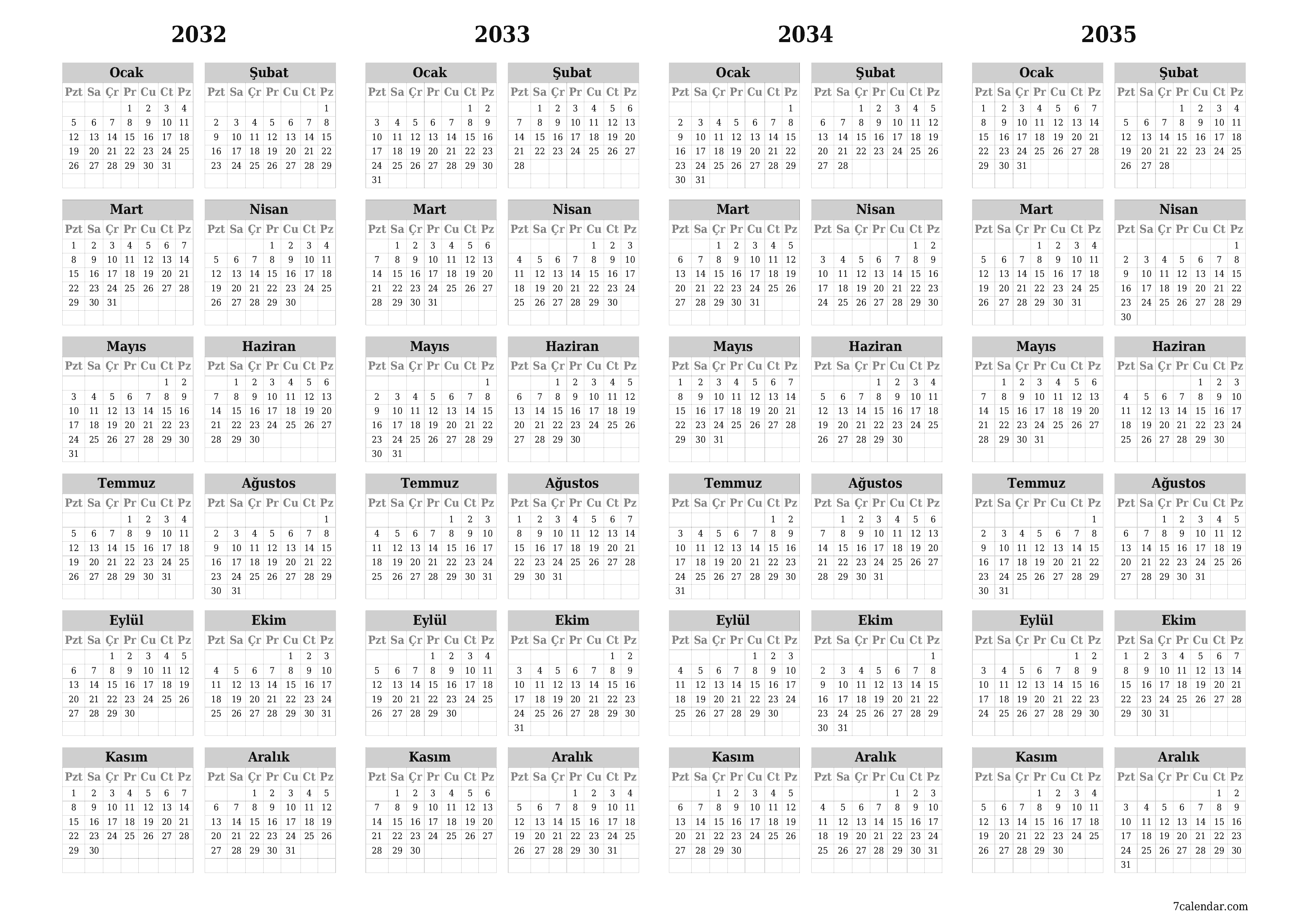 Notlarla 2032, 2033, 2034, 2035 yıl için yıllık planlayıcı takvimini boşaltın, kaydedin ve PDF olarak yazdırın PNG Turkish