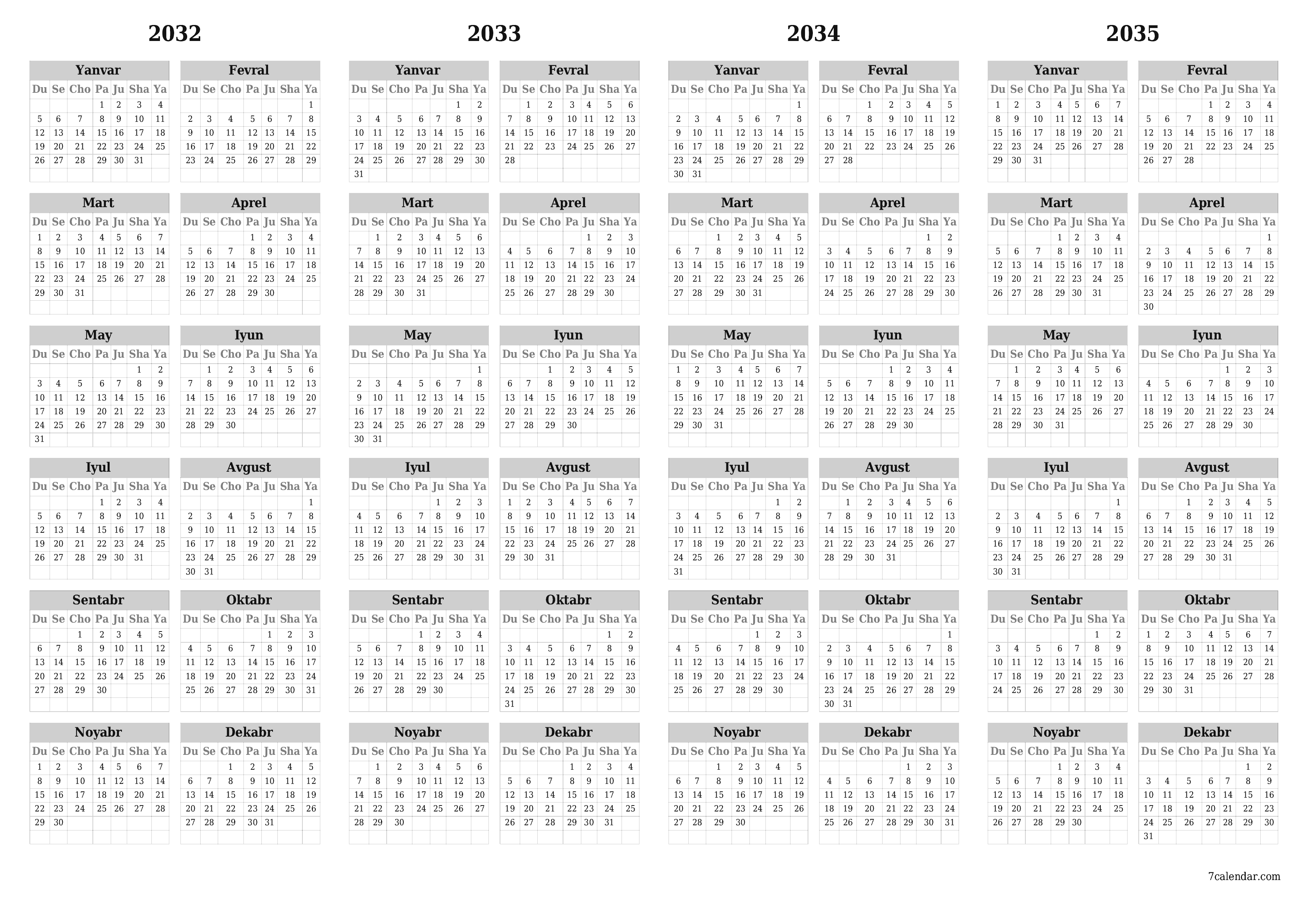 Bo'sh yillik rejalashtiruvchi taqvim 2032, 2033, 2034, 2035 yil, qaydlar bilan saqlang va PDF-ga chop eting PNG Uzbek