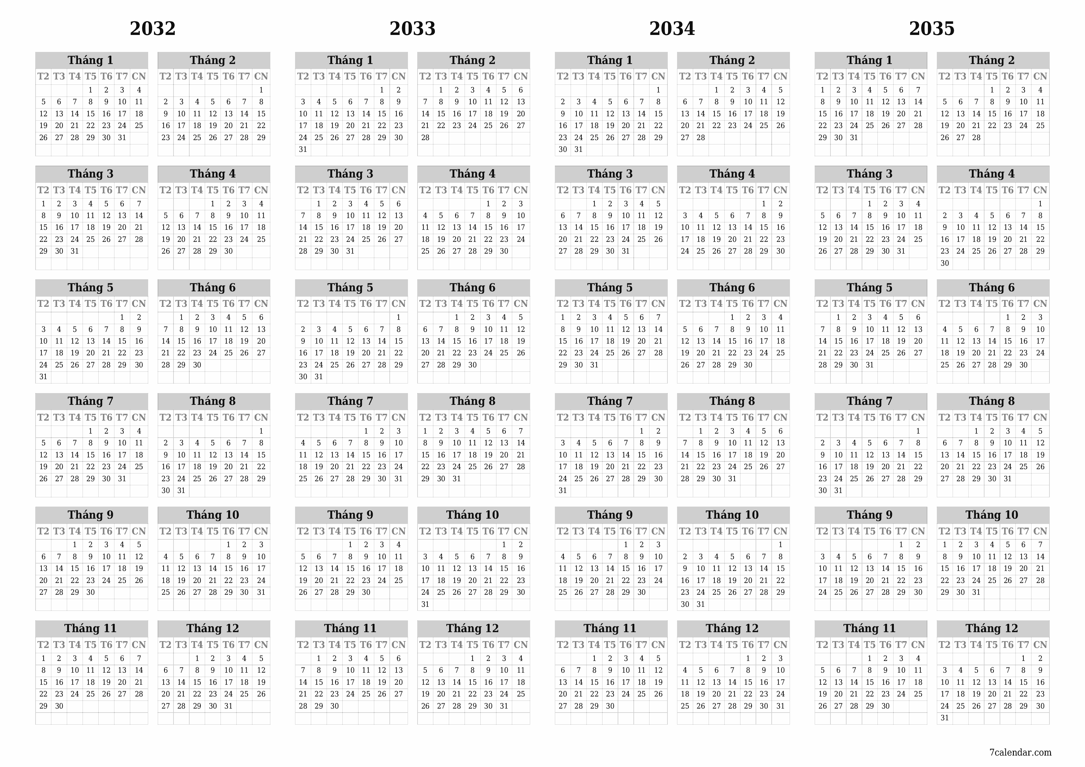 Lịch kế hoạch hàng năm trống cho năm 2032, 2033, 2034, 2035 có ghi chú, lưu và in sang PDF PNG Vietnamese