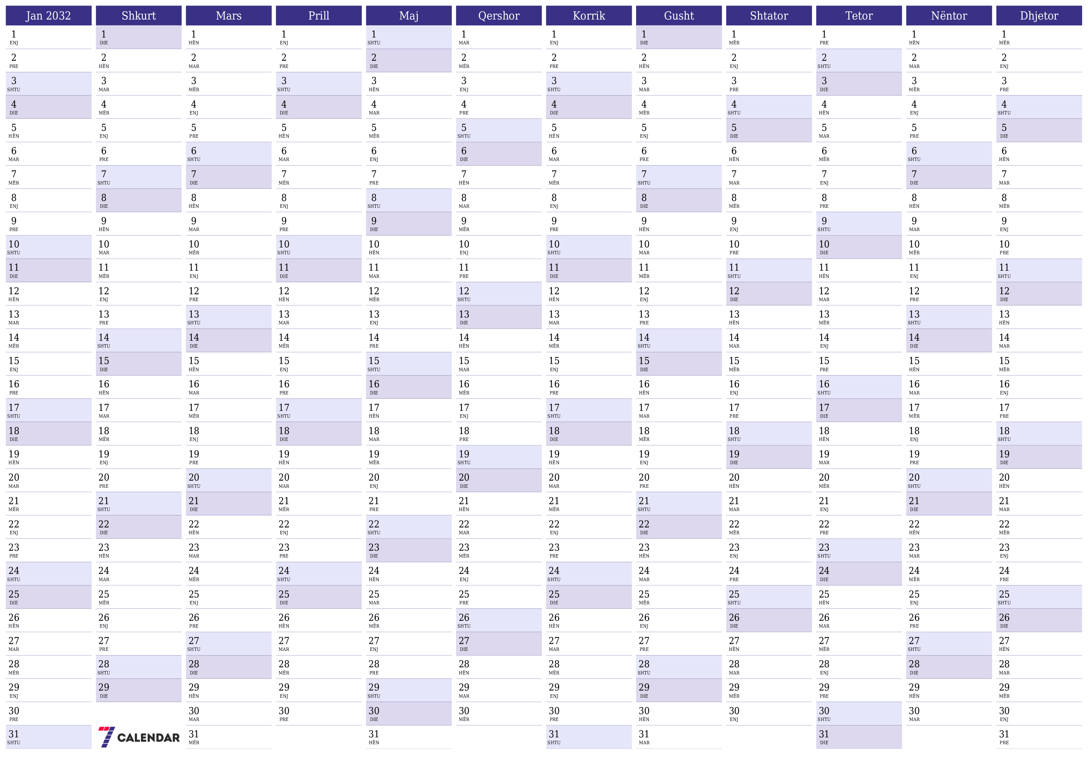 Planifikuesi bosh i kalendarit vjetor për vitin 2032 me shënime, ruani dhe printoni në PDF PNG Albanian