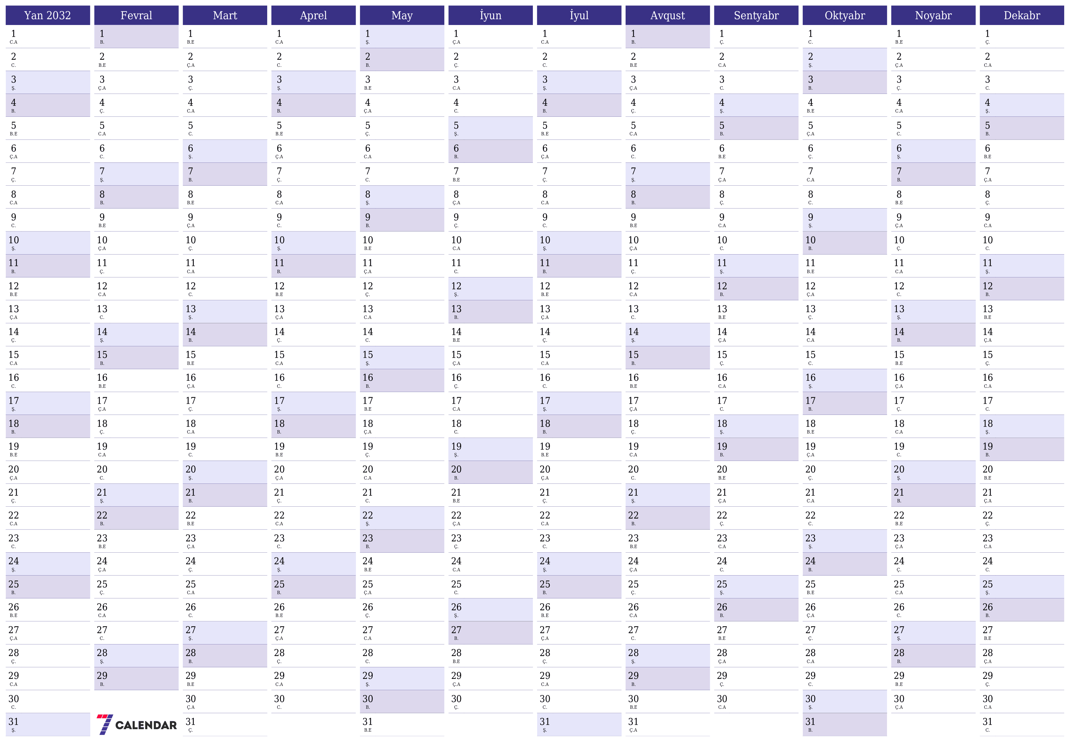 2032 ili üçün illik illik planlayıcı təqvim, qeydlər ilə boş saxlayın, qeyd edin və PDF-ə yazdırın PNG Azerbaijani