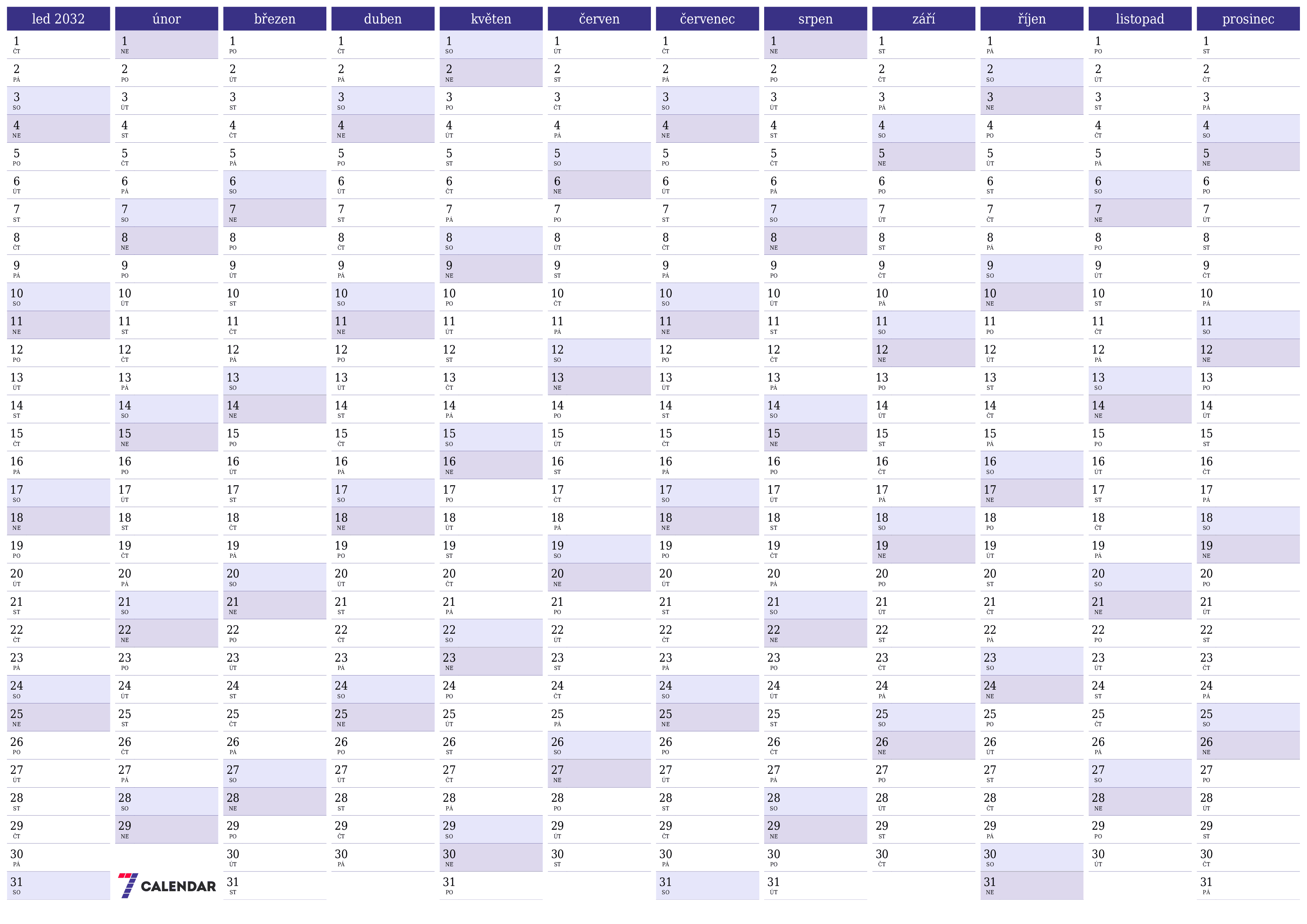 Prázdný roční kalendář plánovače pro rok 2032 s poznámkami, uložením a tiskem do PDF PNG Czech