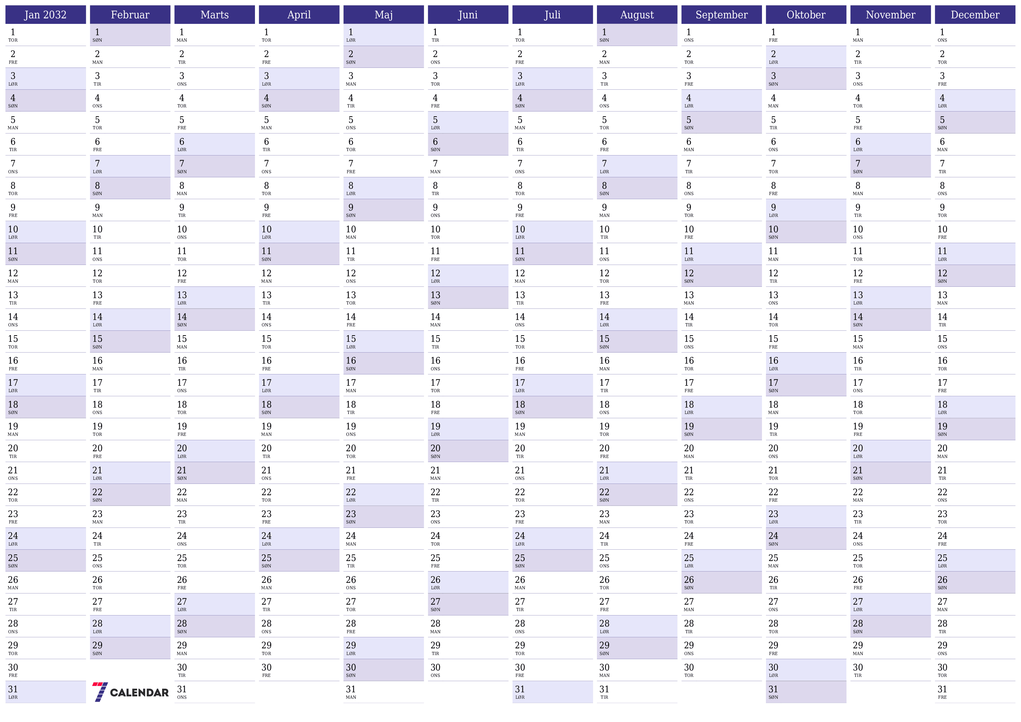 Tom årlig planlægningskalender for året 2032 med noter, gem og udskriv til PDF PNG Danish