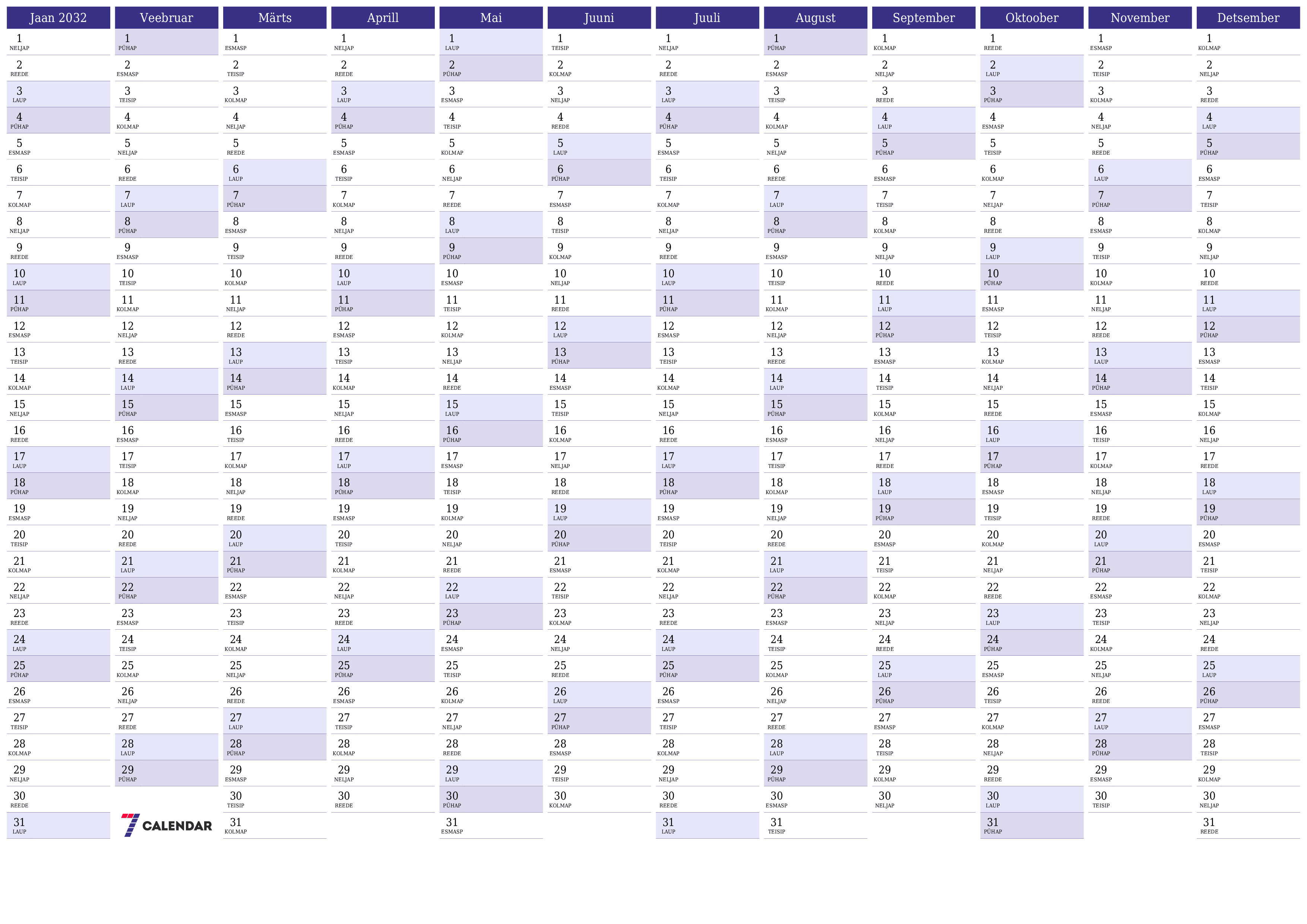 Tühi aasta planeerija kalender aastaks 2032 koos märkmetega, salvestage ja printige PDF-i PNG Estonian