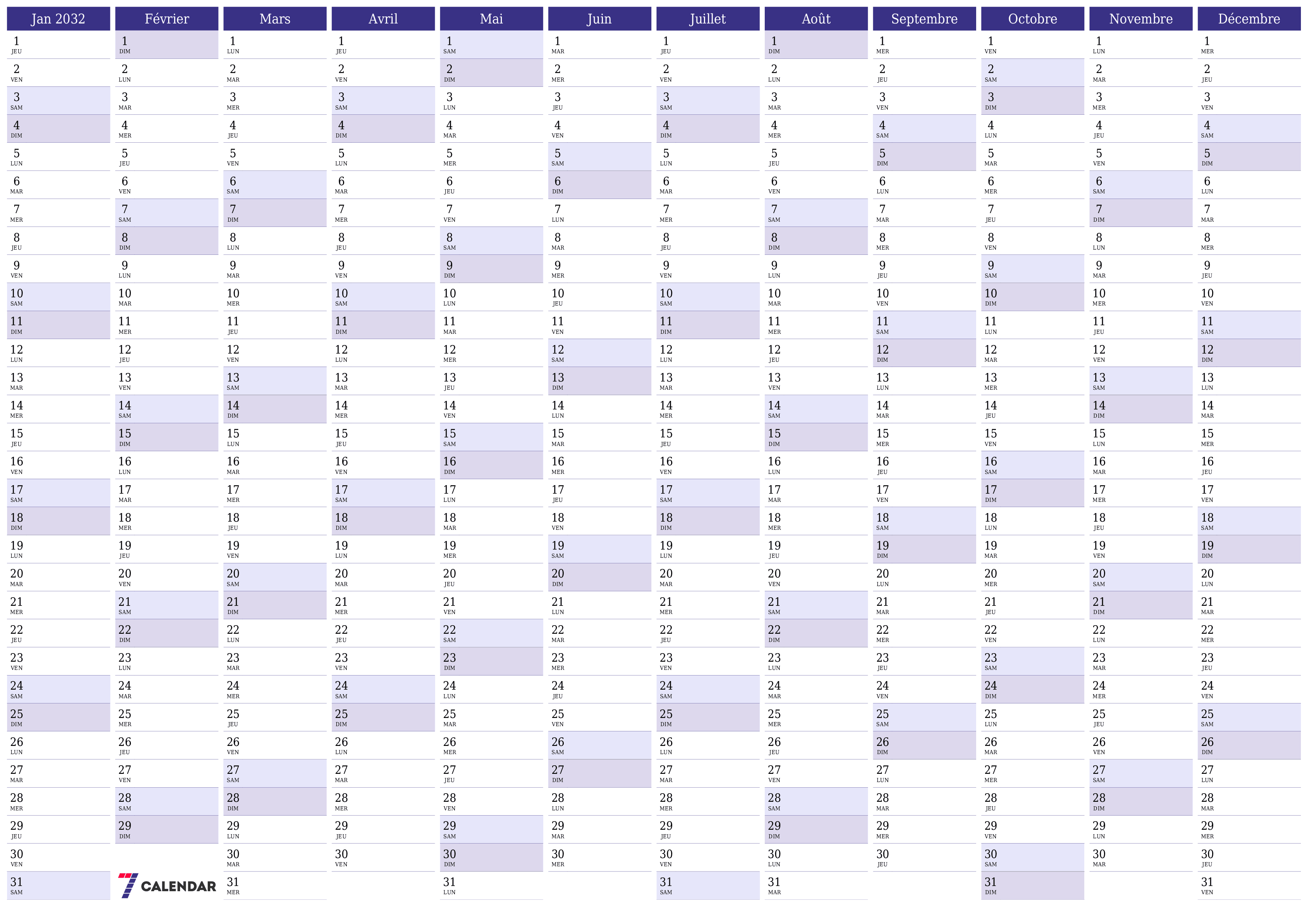 Calendrier annuel vide pour l'année 2032 avec notes, enregistrer et imprimer au format PDF PNG French