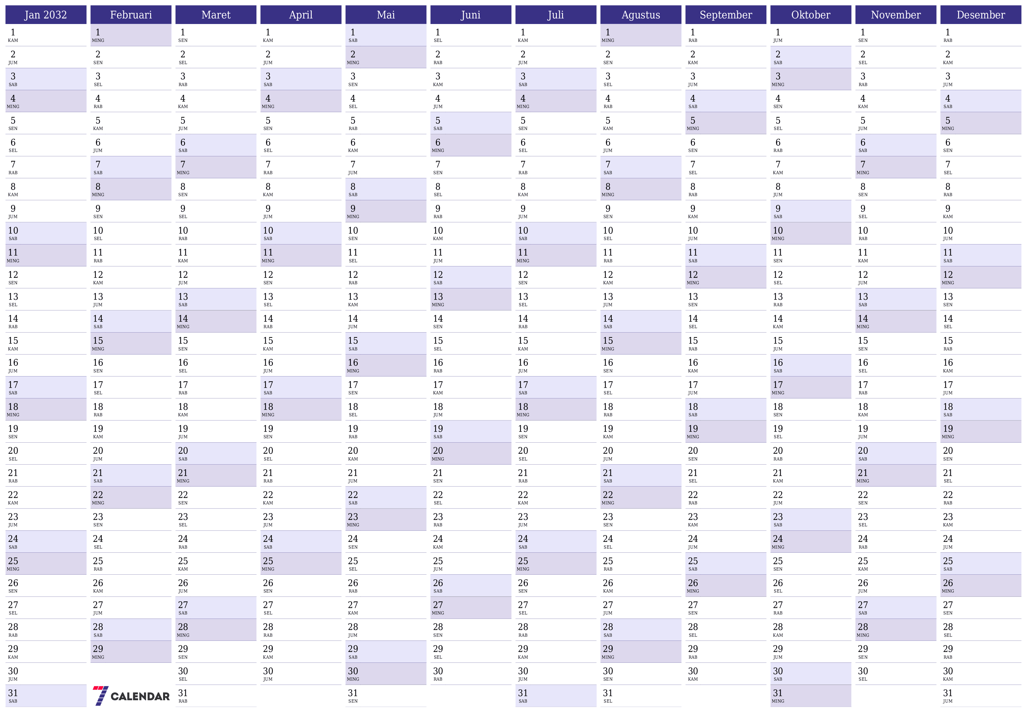 Kosongkan kalender perencana tahunan untuk tahun ini 2032 dengan catatan, simpan dan cetak ke PDF PNG Indonesian