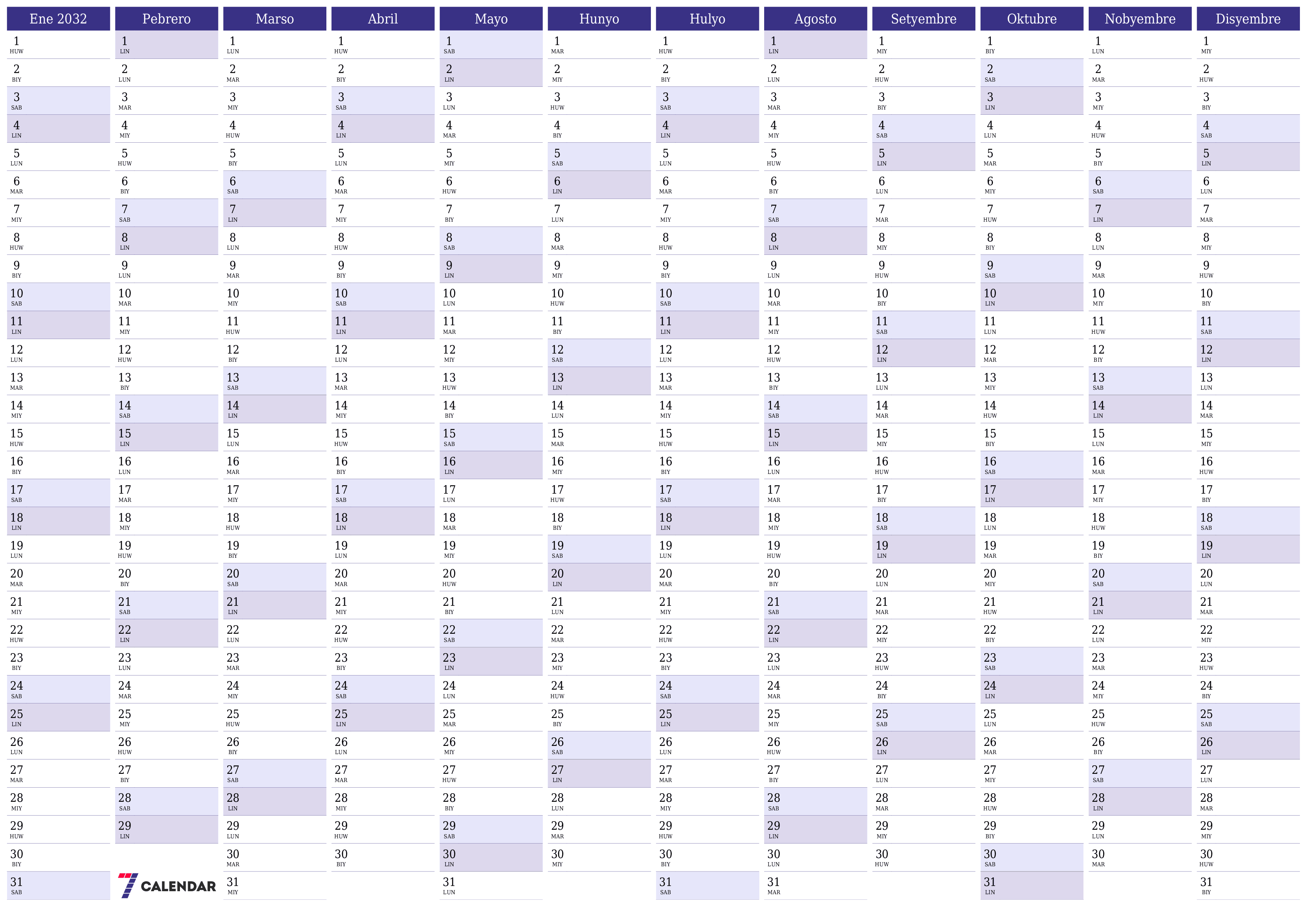 Walang laman ang taunang kalendaryo ng tagaplano para sa taong 2032 na may mga tala, i-save at i-print sa PDF PNG Filipino