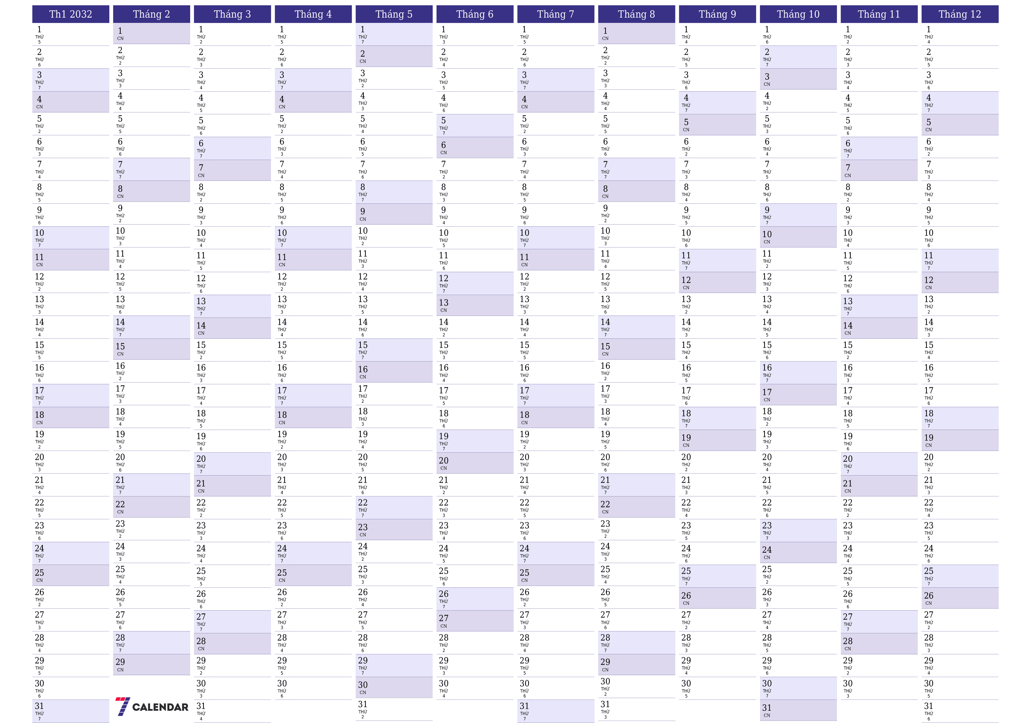 Lịch kế hoạch hàng năm trống cho năm 2032 có ghi chú, lưu và in sang PDF PNG Vietnamese