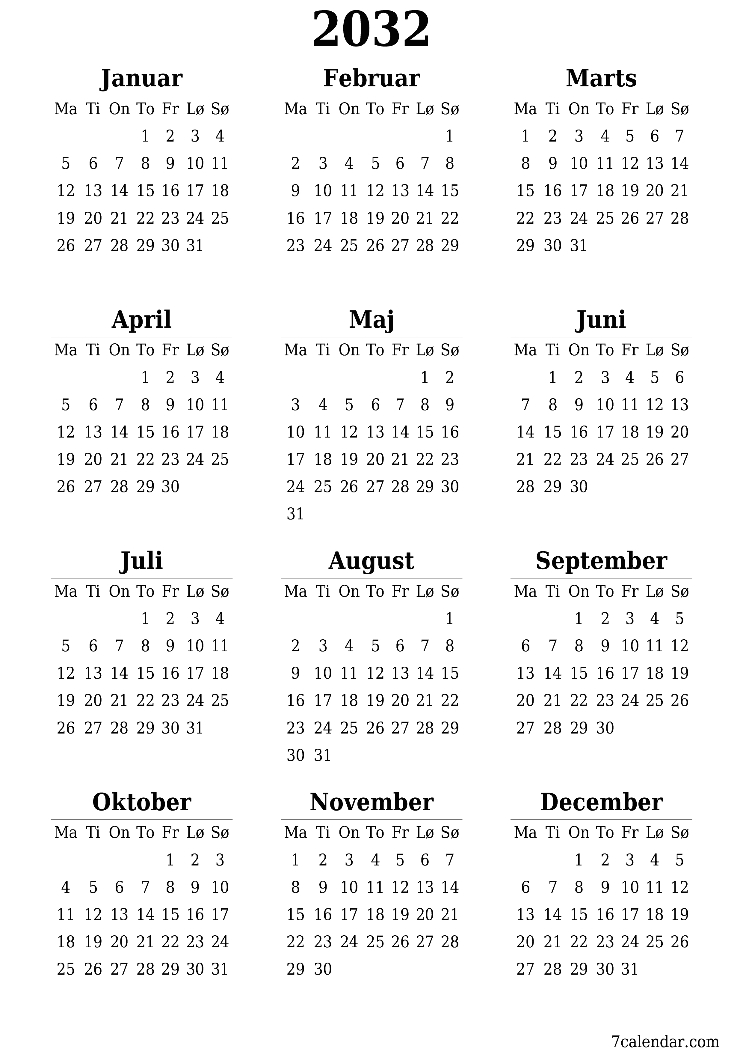 Tom årlig planlægningskalender for året 2032 med noter, gem og udskriv til PDF PNG Danish