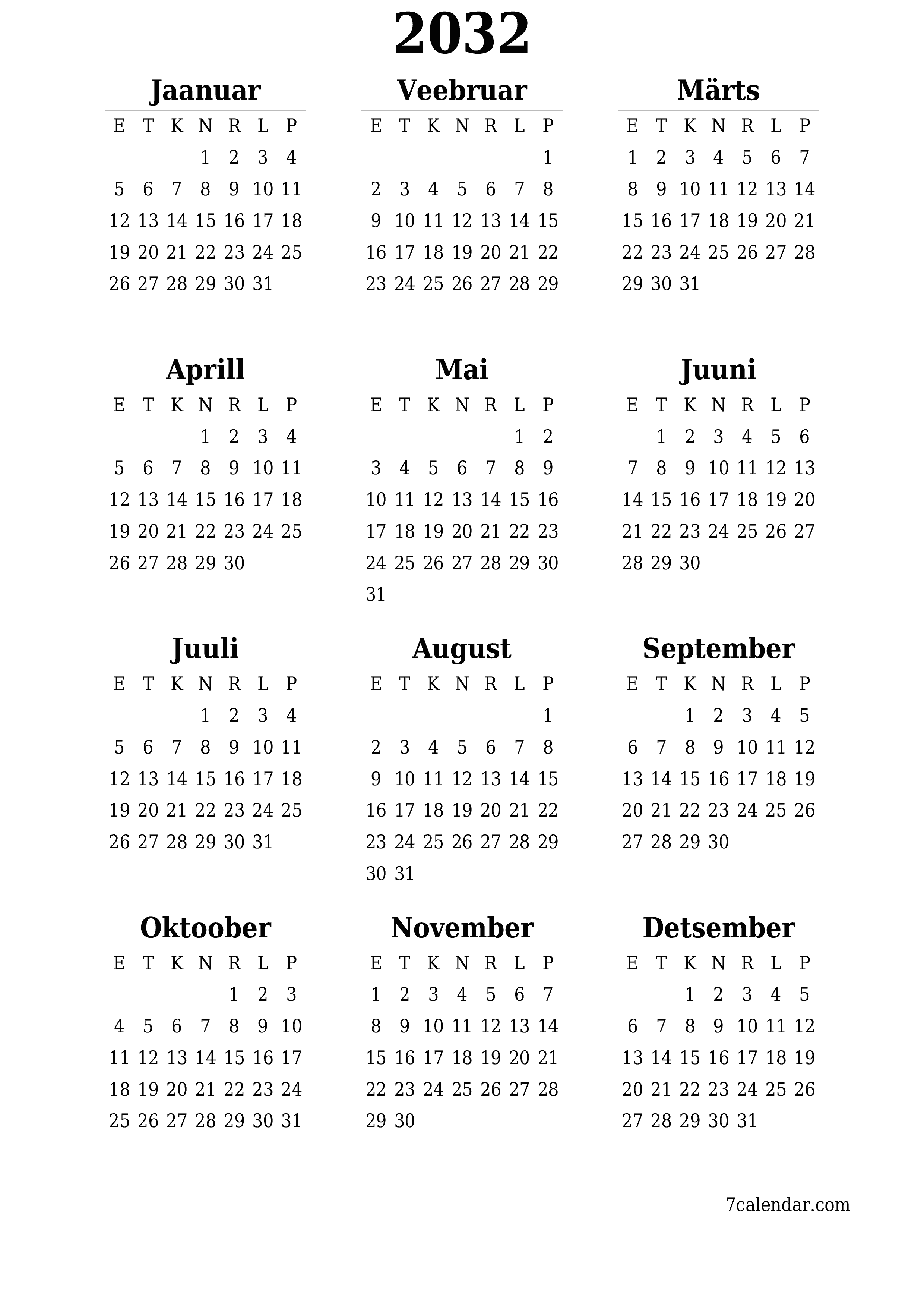 Tühi aasta planeerija kalender aastaks 2032 koos märkmetega, salvestage ja printige PDF-i PNG Estonian