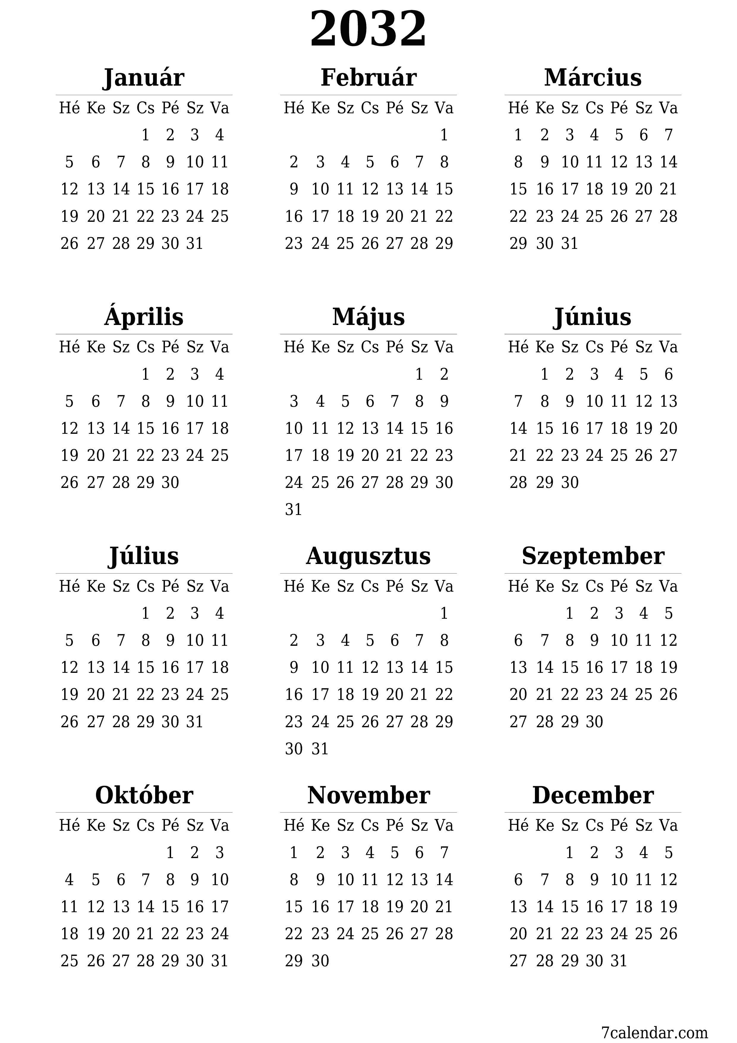 nyomtatható fali sablon ingyenes függőleges Éves naptár Június (Jún) 2032