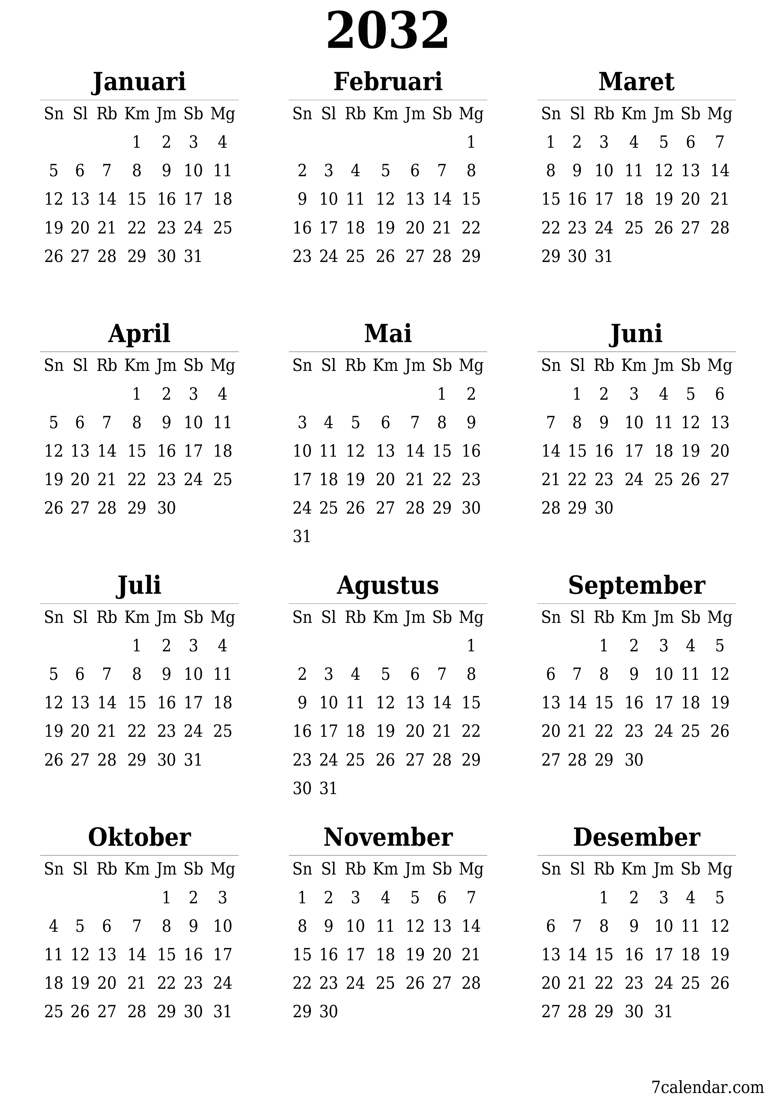 Kosongkan kalender perencana tahunan untuk tahun ini 2032 dengan catatan, simpan dan cetak ke PDF PNG Indonesian