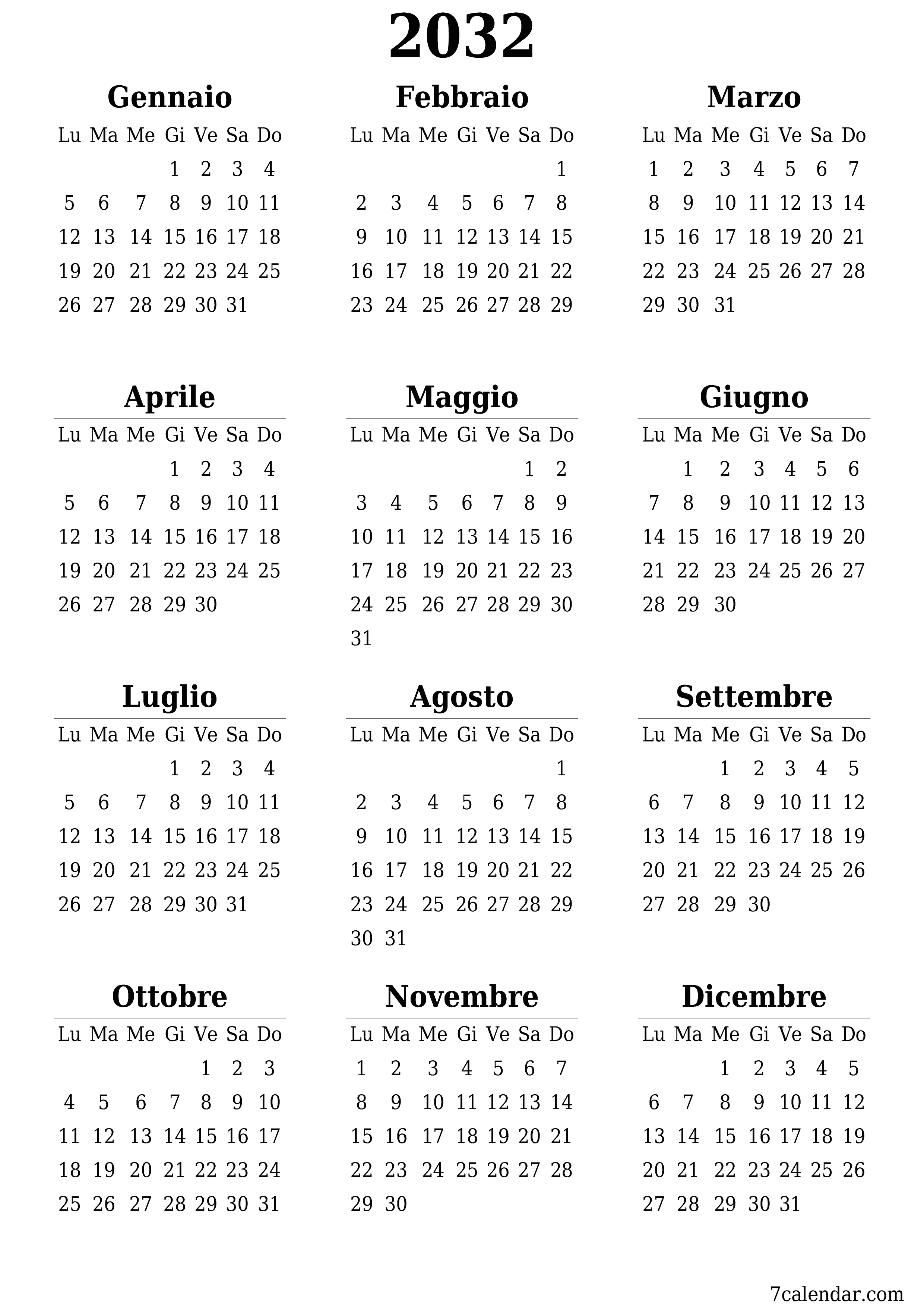 Calendario pianificatore annuale vuoto per l'anno 2032 con note, salva e stampa in PDF PNG Italian