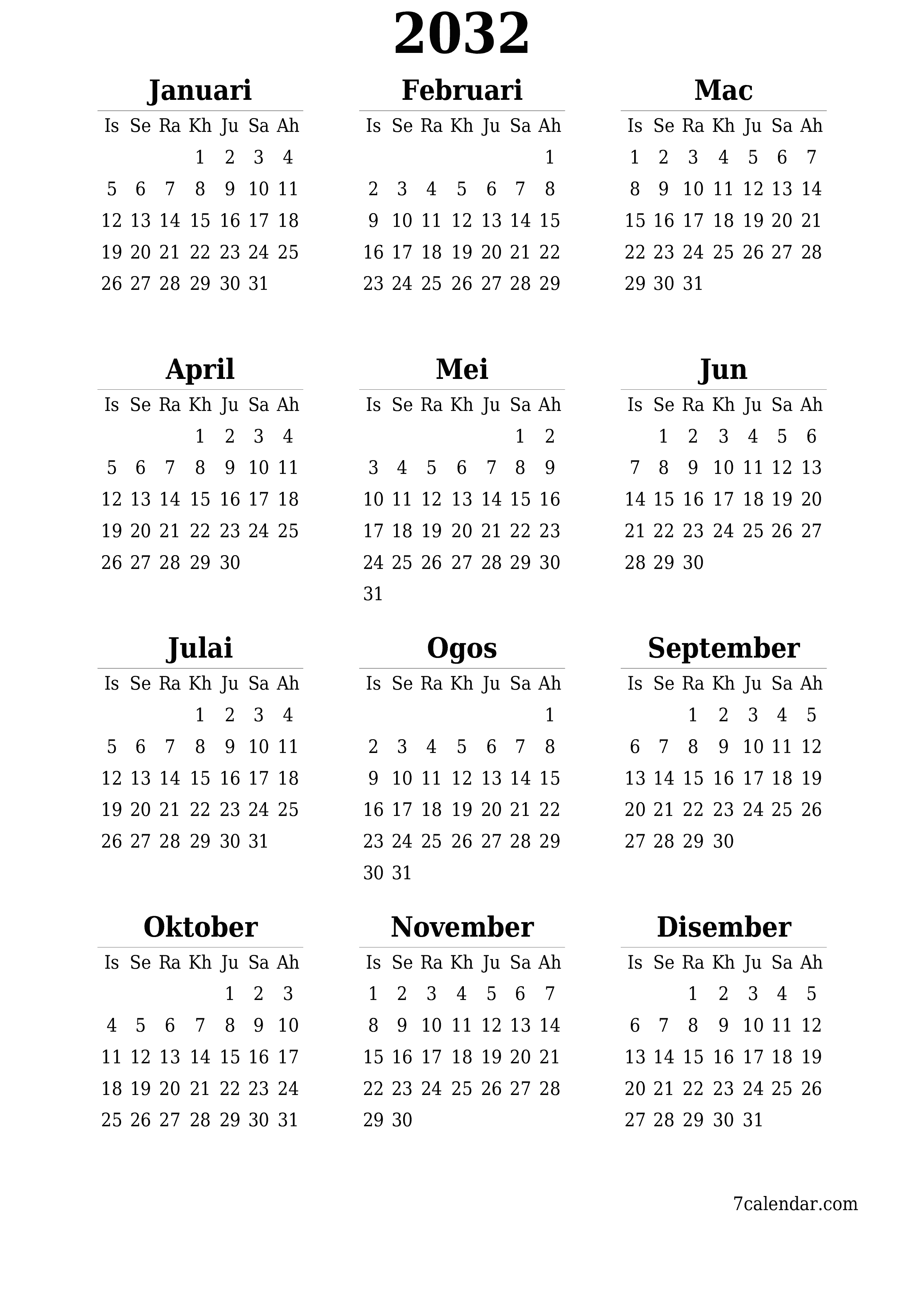  boleh cetak dinding templat percumamenegak Tahunan kalendar Jun (Jun) 2032