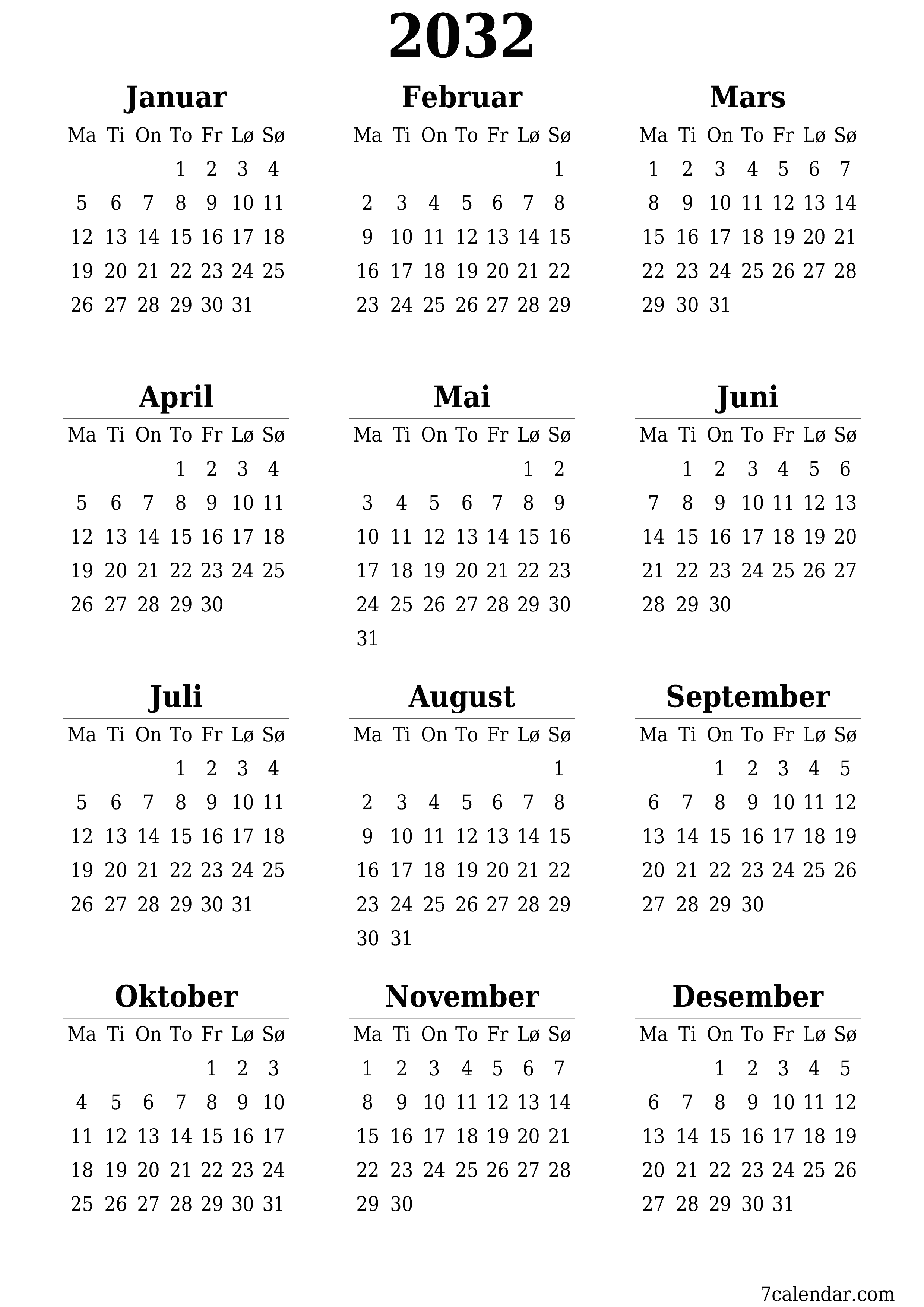 Tom årlig planleggerkalender for året 2032 med notater, lagre og skrive ut i PDF PNG Norwegian