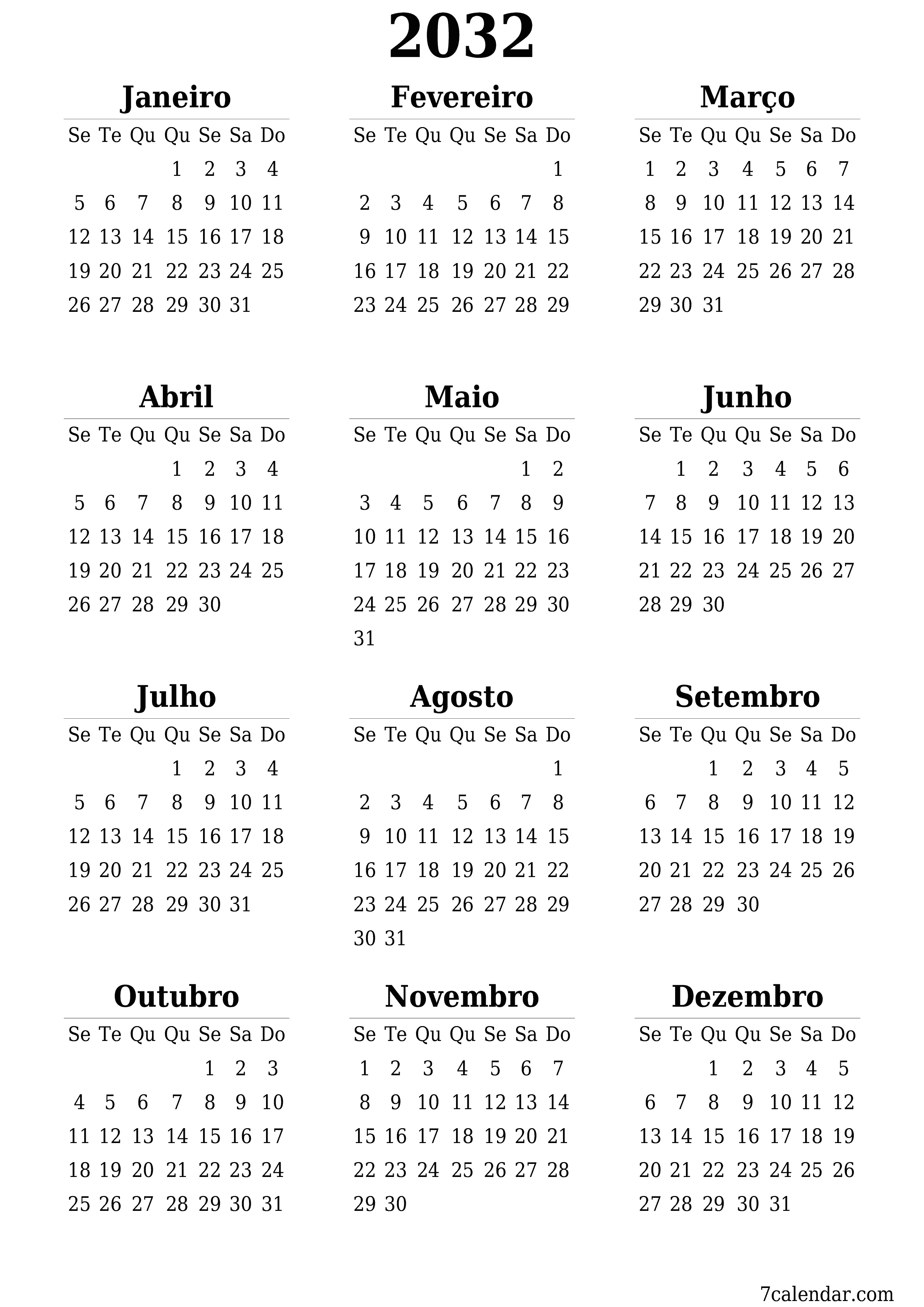 Calendário de planejador anual vazio para o ano 2032 com notas, salve e imprima em PDF PNG Portuguese