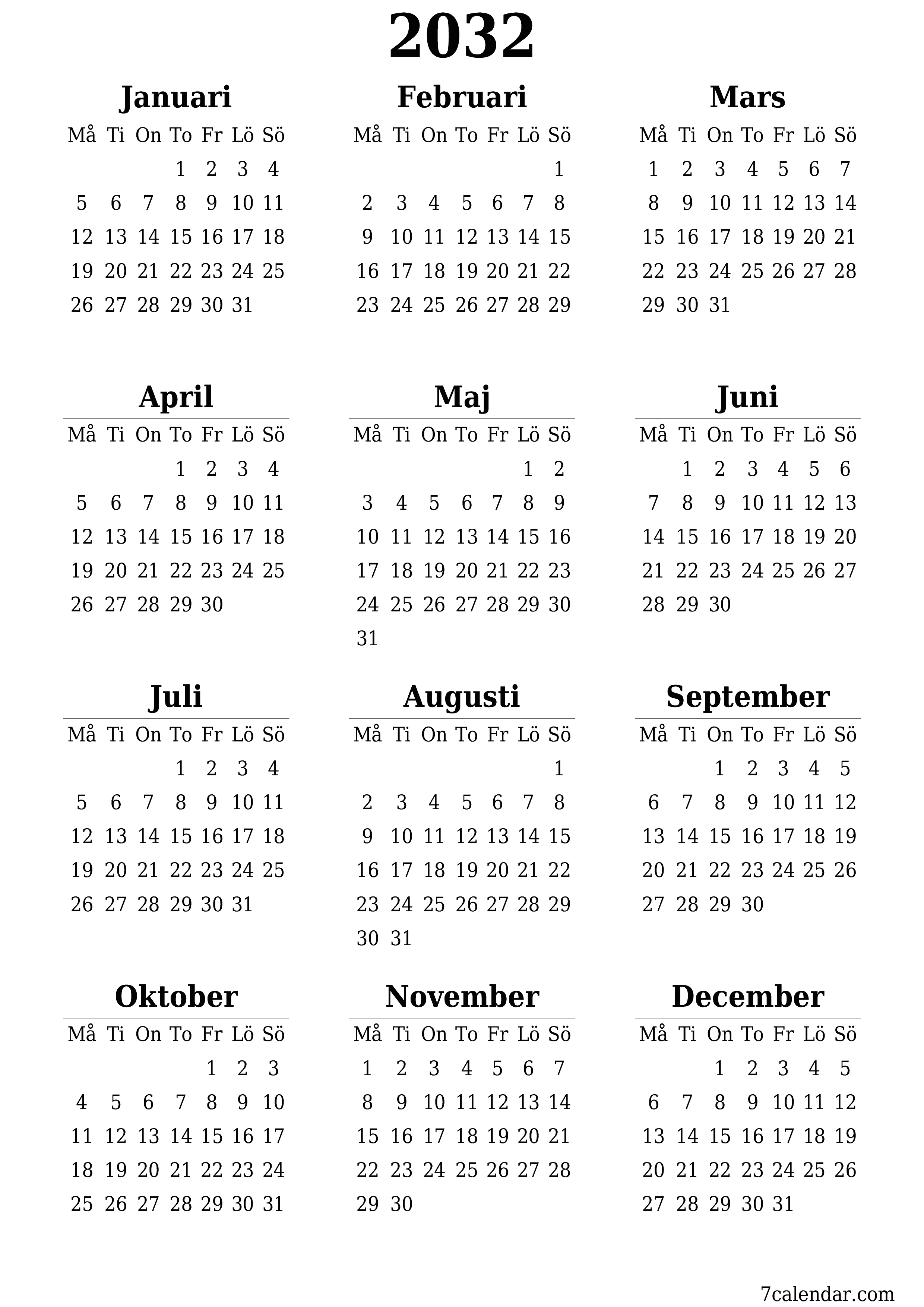 Tom årlig planeringskalender för året 2032 med anteckningar, spara och skriv ut till PDF PNG Swedish