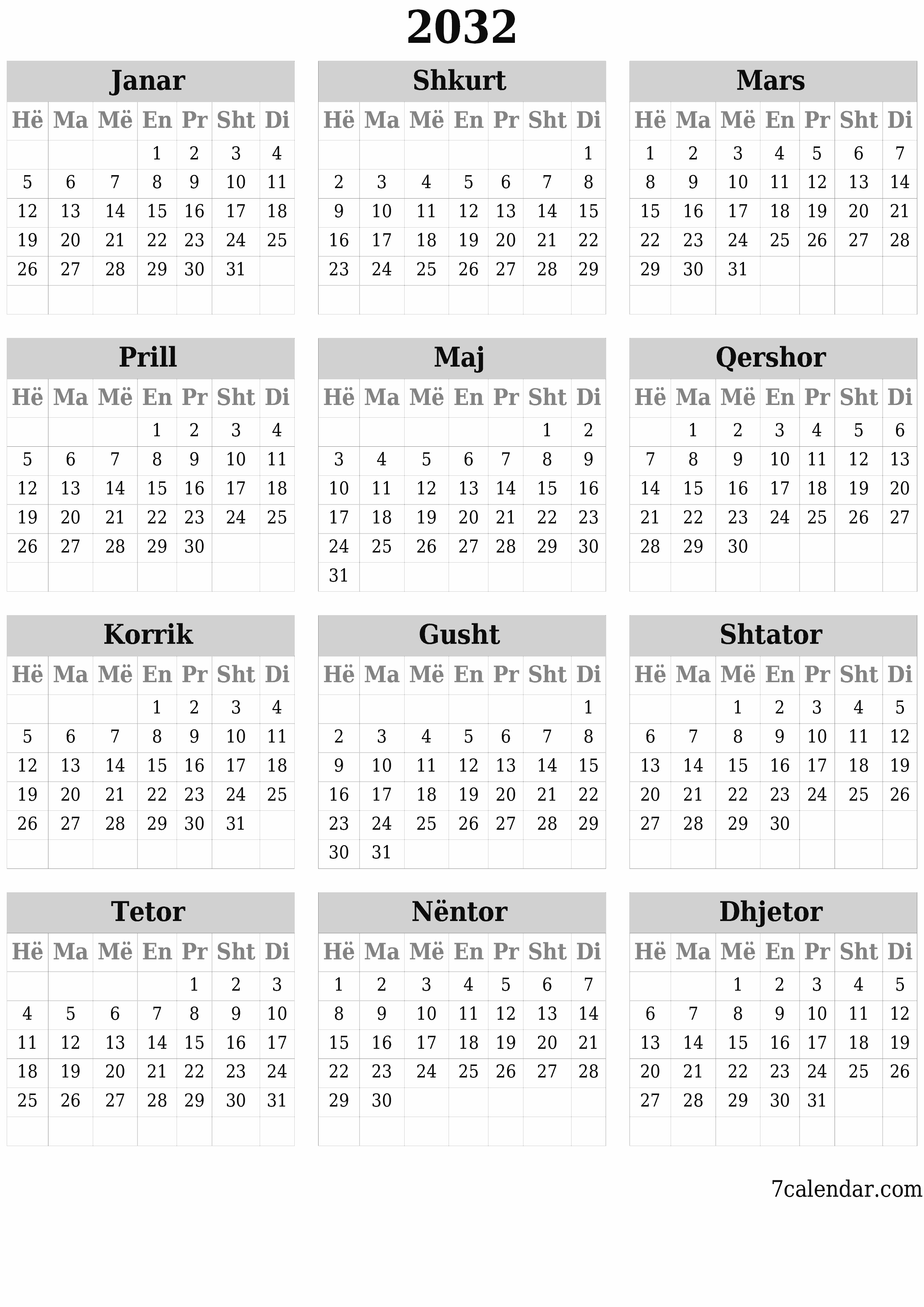 Planifikuesi bosh i kalendarit vjetor për vitin 2032 me shënime, ruani dhe printoni në PDF PNG Albanian