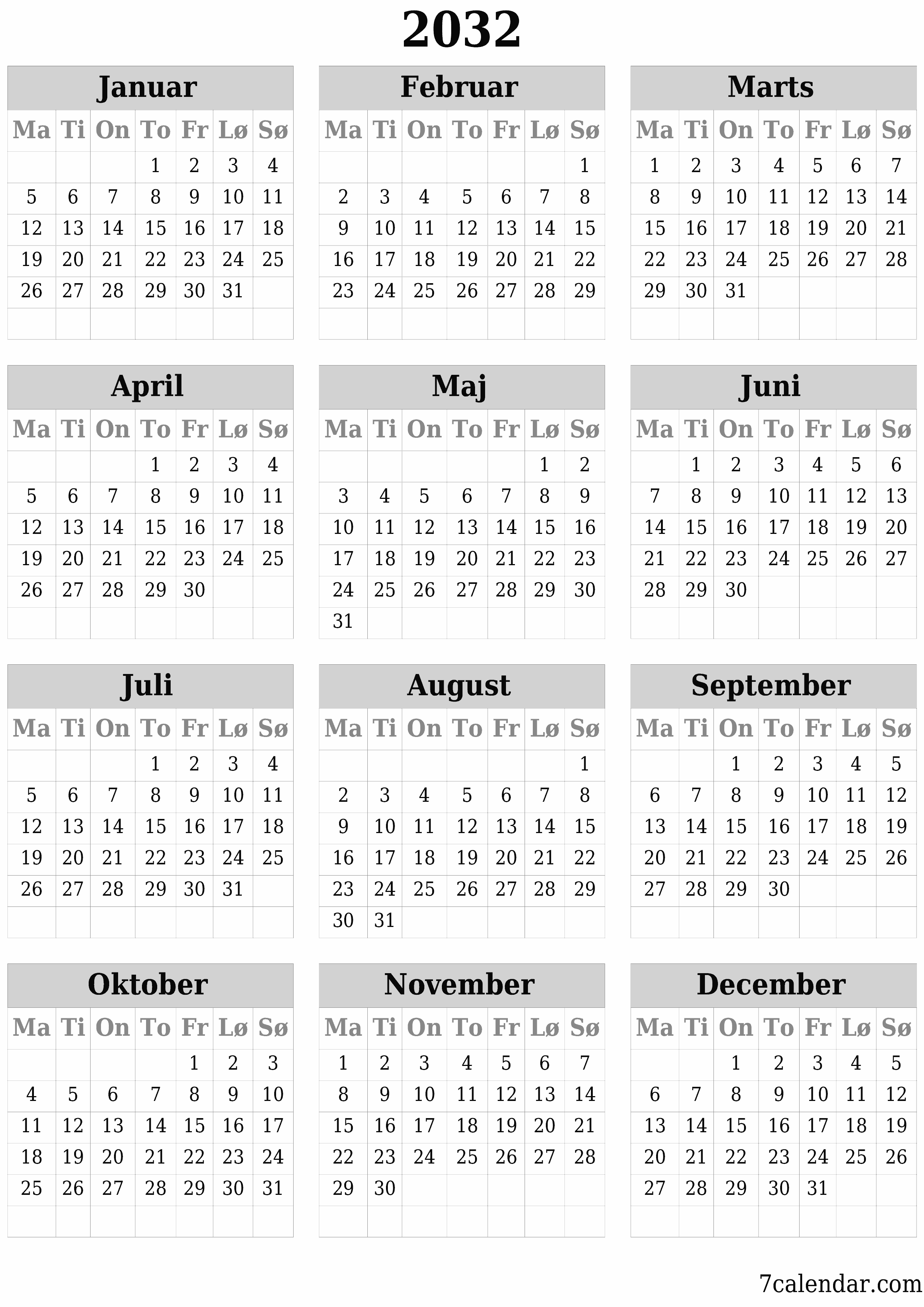 Tom årlig planlægningskalender for året 2032 med noter, gem og udskriv til PDF PNG Danish