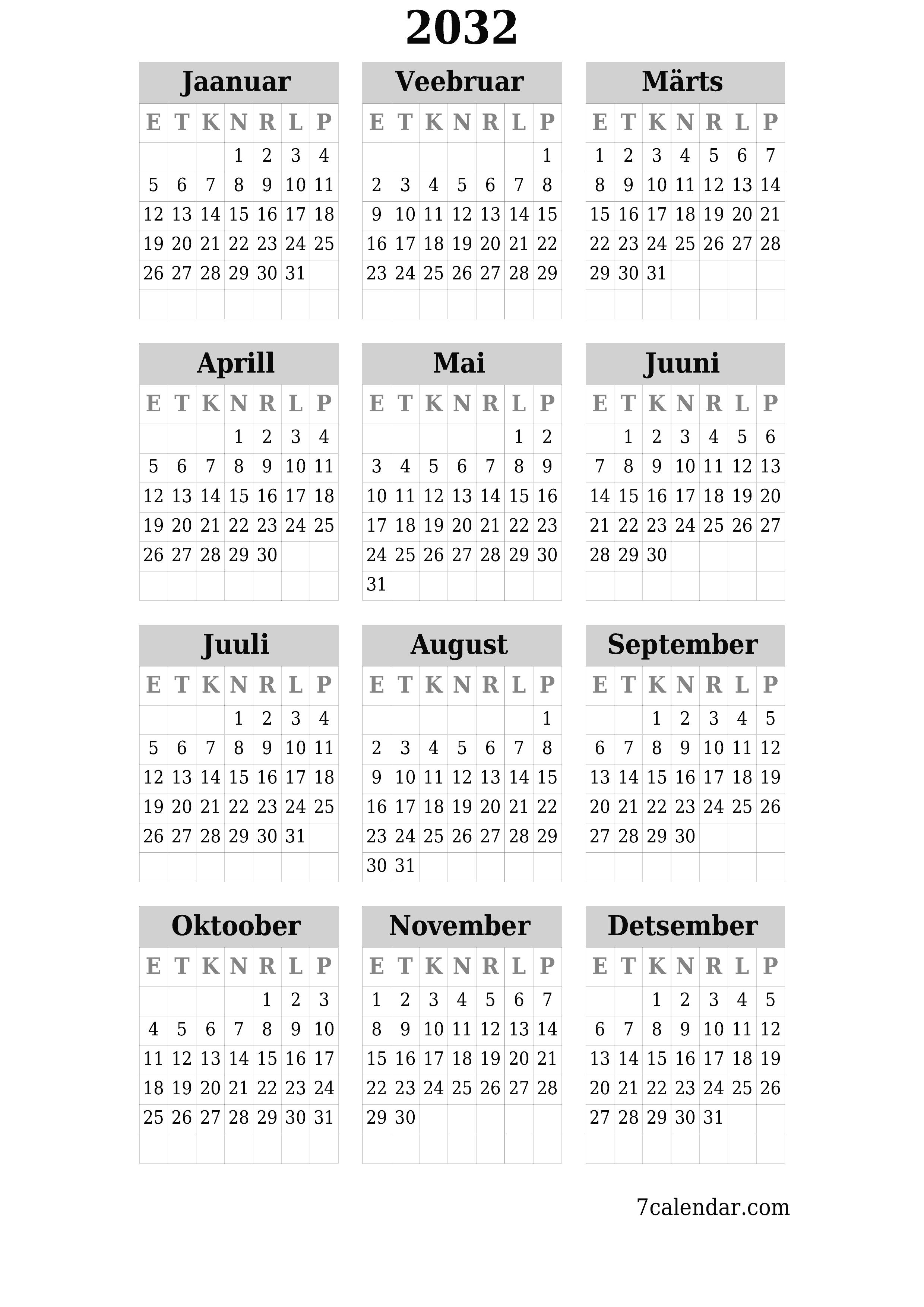 Tühi aasta planeerija kalender aastaks 2032 koos märkmetega, salvestage ja printige PDF-i PNG Estonian