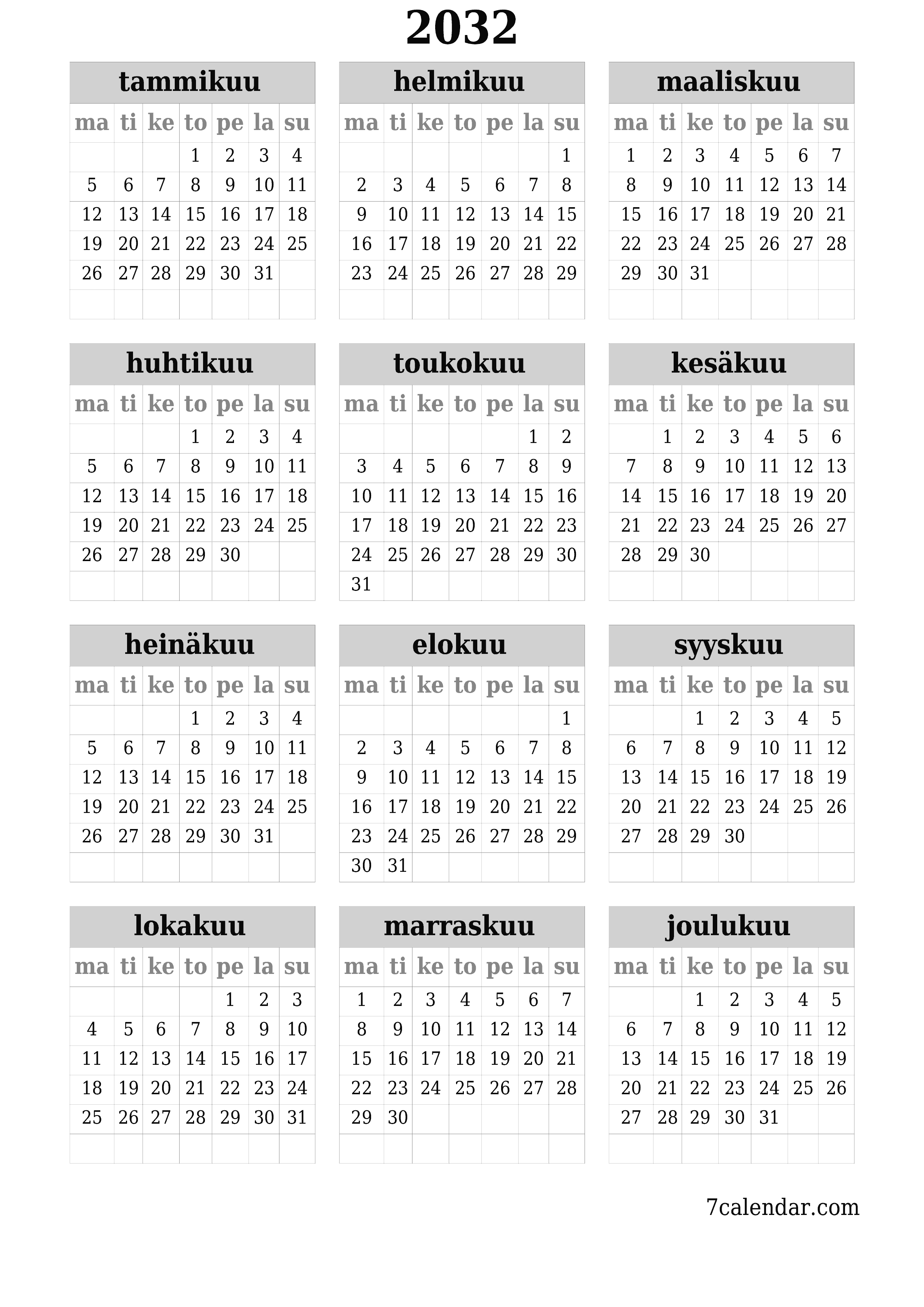 Tyhjä vuosisuunnittelukalenteri vuodelle 2032 muistiinpanoilla, tallenna ja tulosta PDF-muotoon PNG Finnish