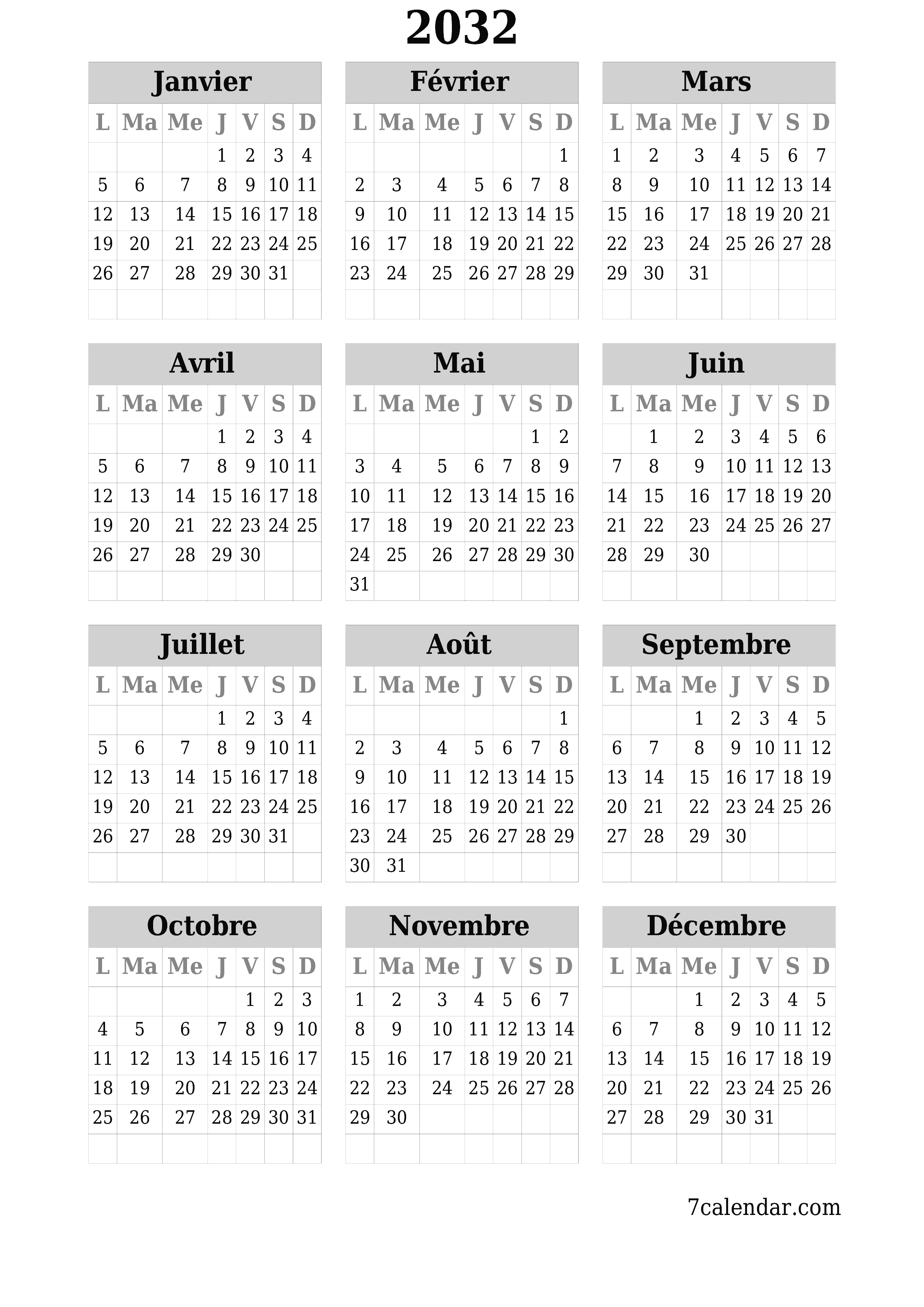 Calendrier annuel vide pour l'année 2032 avec notes, enregistrer et imprimer au format PDF PNG French