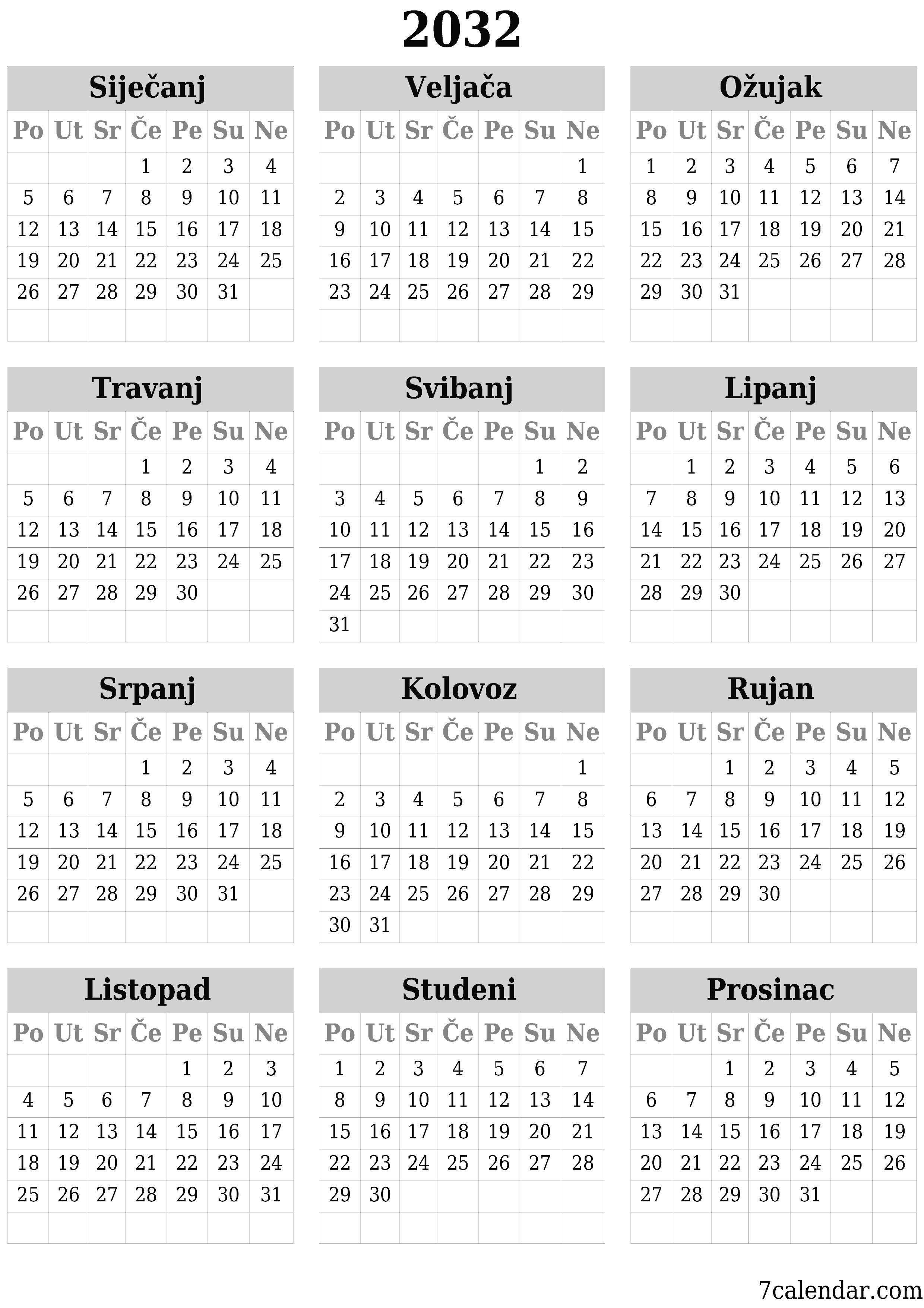  za ispis zidni predložak a besplatni okomito Godišnje kalendar Lipanj (Lip) 2032