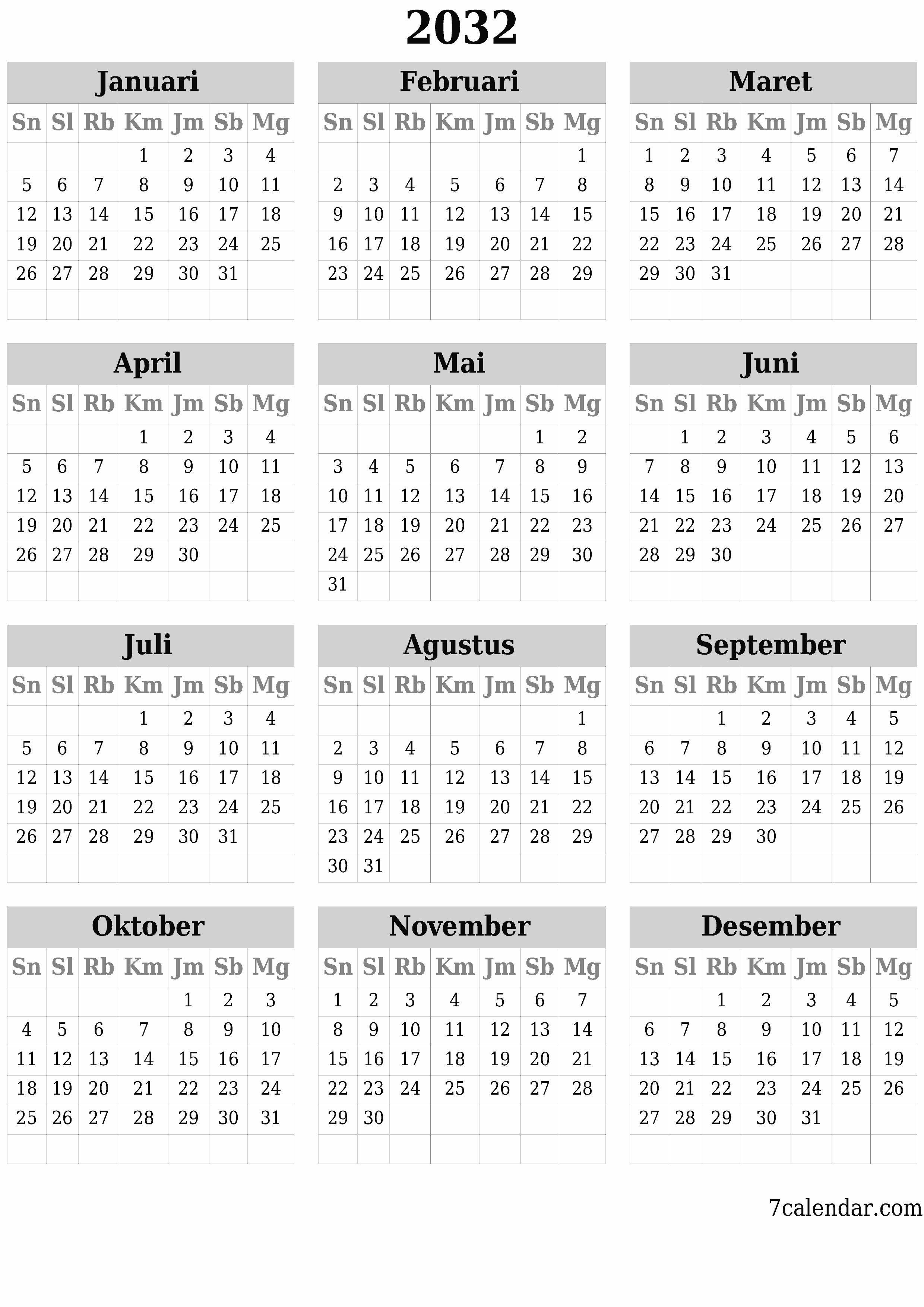 Kosongkan kalender perencana tahunan untuk tahun ini 2032 dengan catatan, simpan dan cetak ke PDF PNG Indonesian