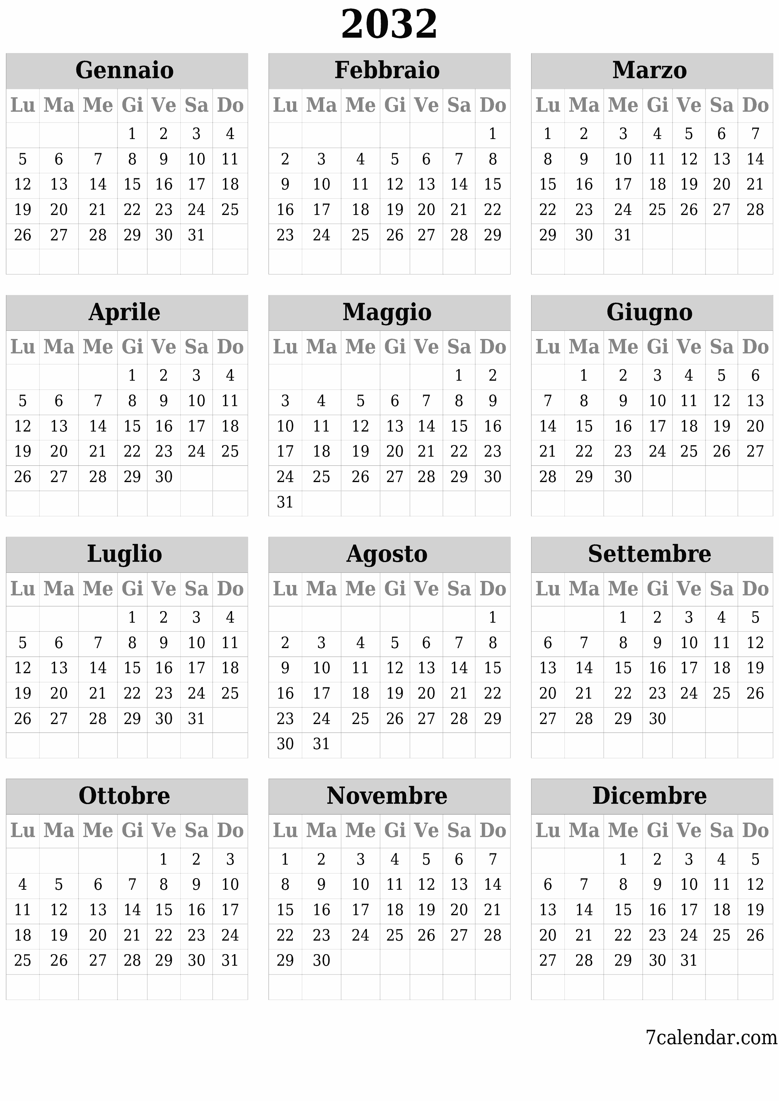 Calendario pianificatore annuale vuoto per l'anno 2032 con note, salva e stampa in PDF PNG Italian