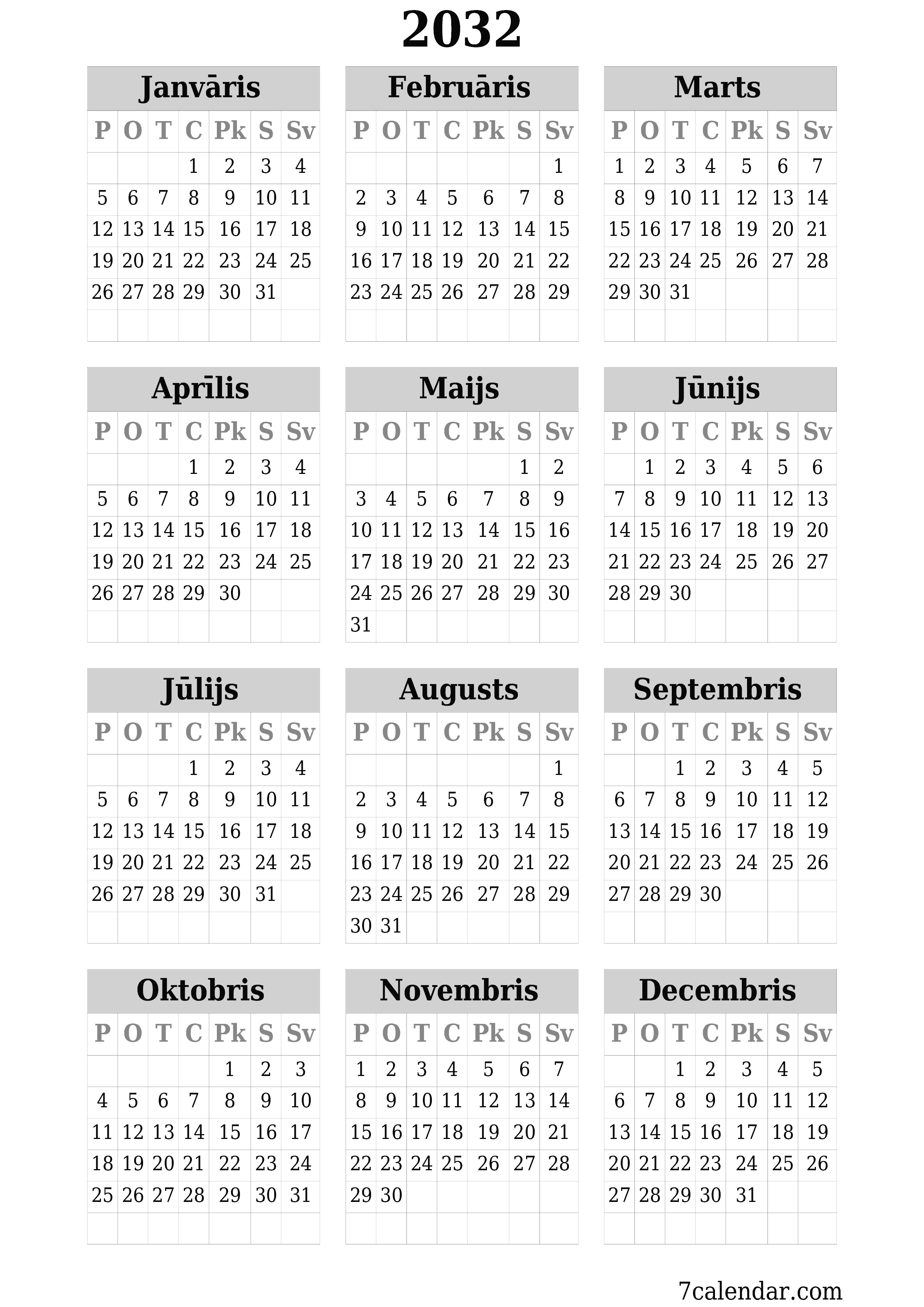 izdrukājams sienas kalendāra veidne bezmaksas vertikāli Gada kalendārs Jūnijs (Jūn) 2032