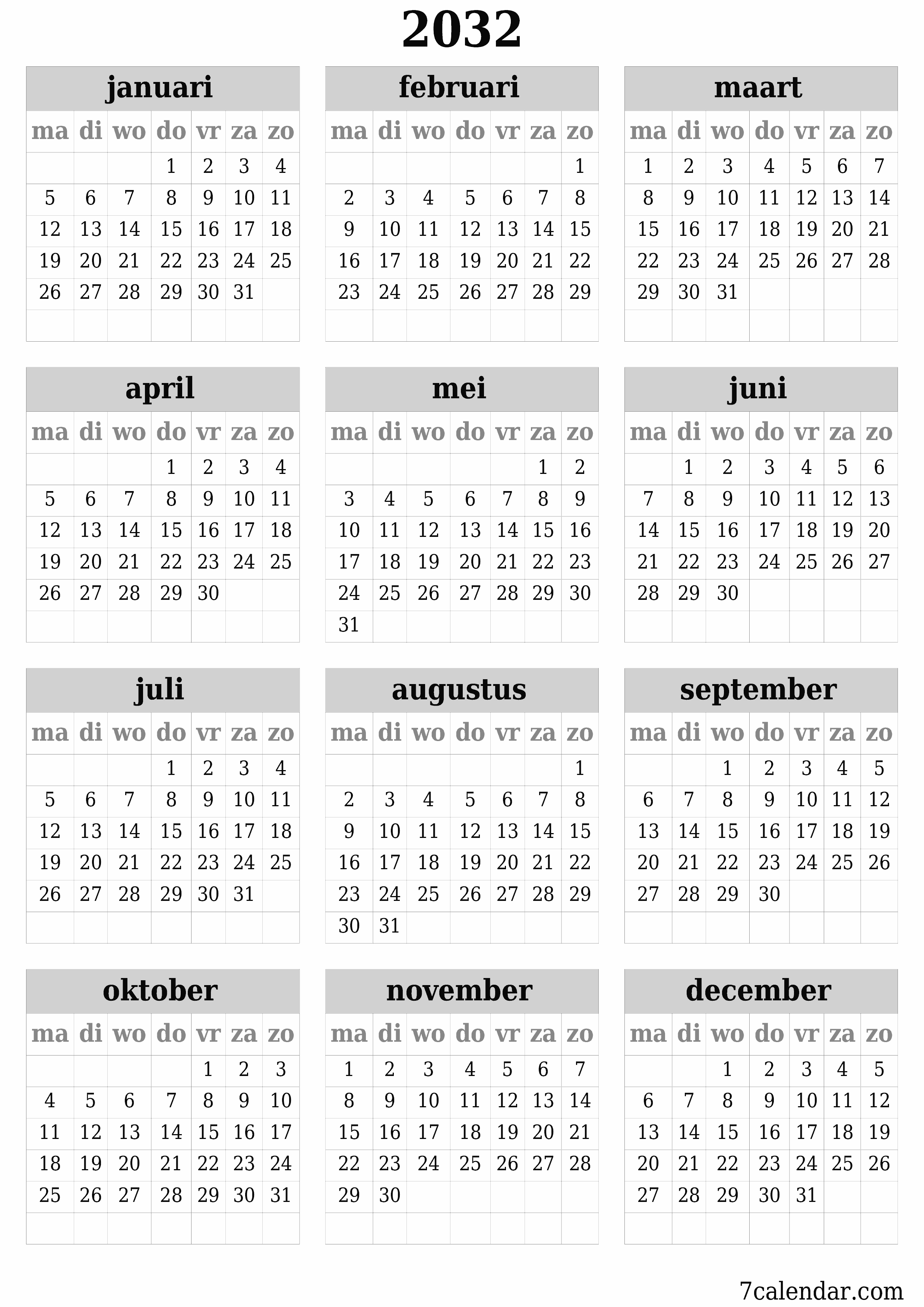 Lege jaarplanningskalender voor het jaar 2032 met notities, opslaan en afdrukken naar pdf PNG Dutch