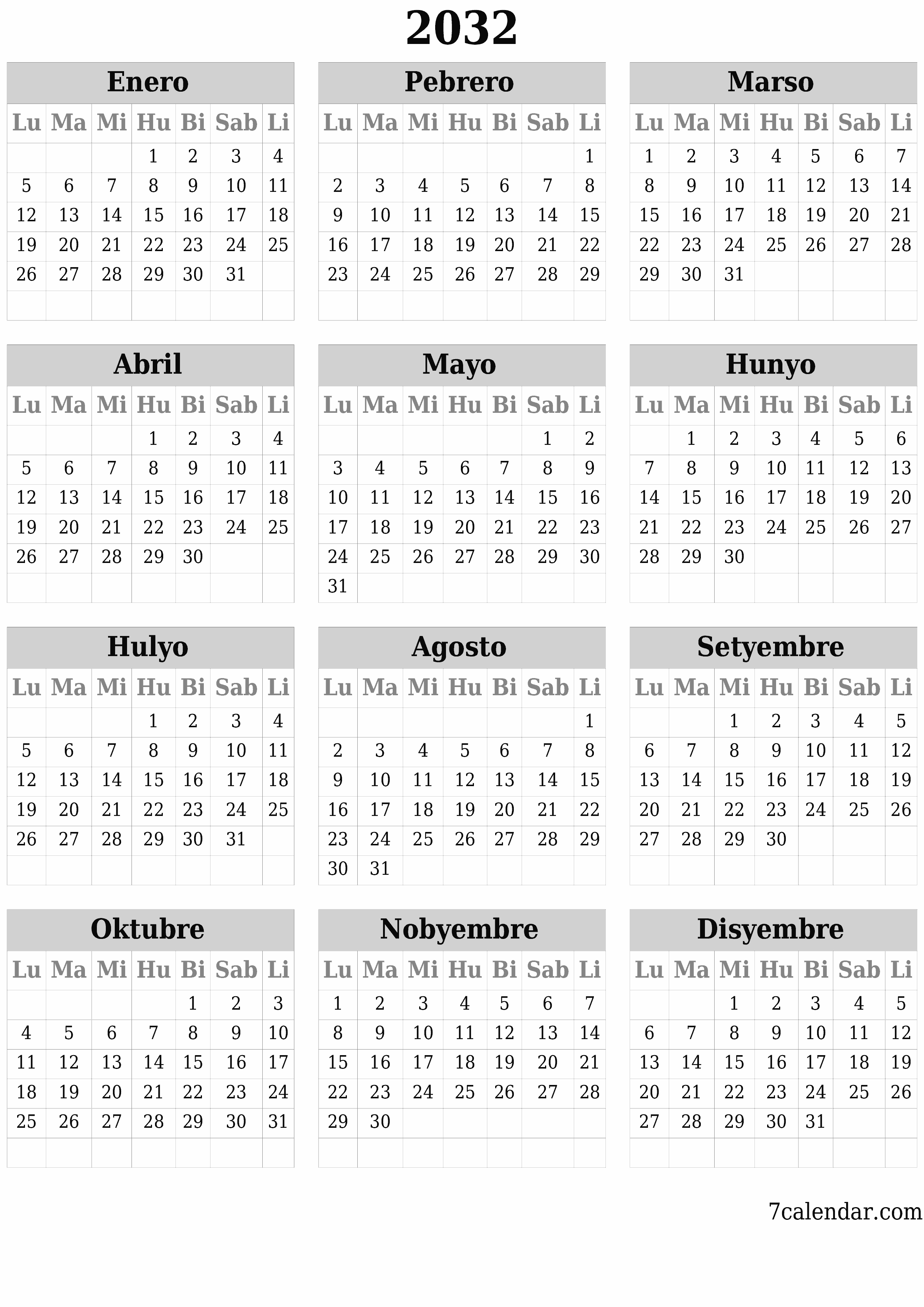 napi-print na sa dingding template ng libreng patayo Taunan kalendaryo Hunyo (Hun) 2032