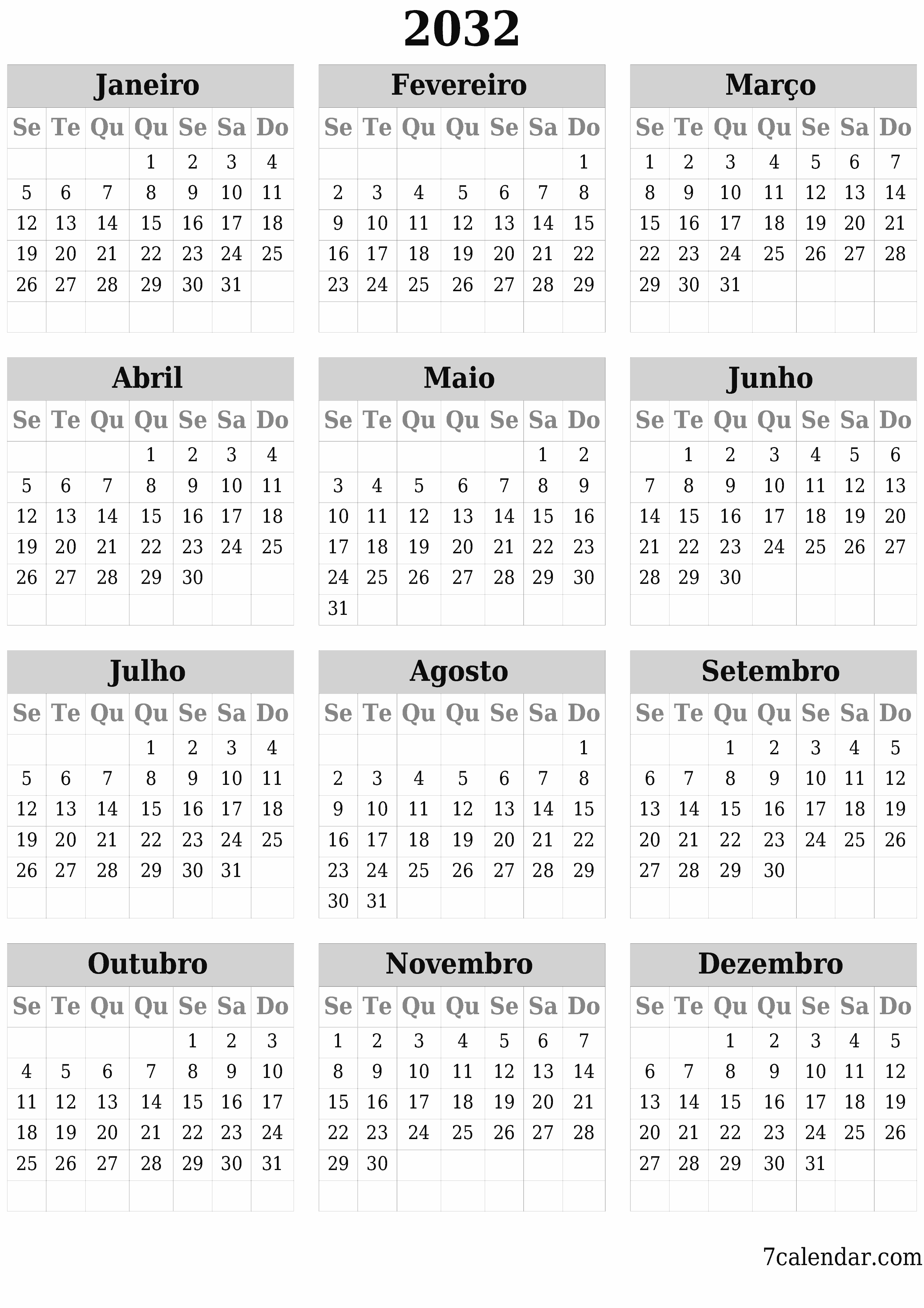 Calendário de planejador anual vazio para o ano 2032 com notas, salve e imprima em PDF PNG Portuguese