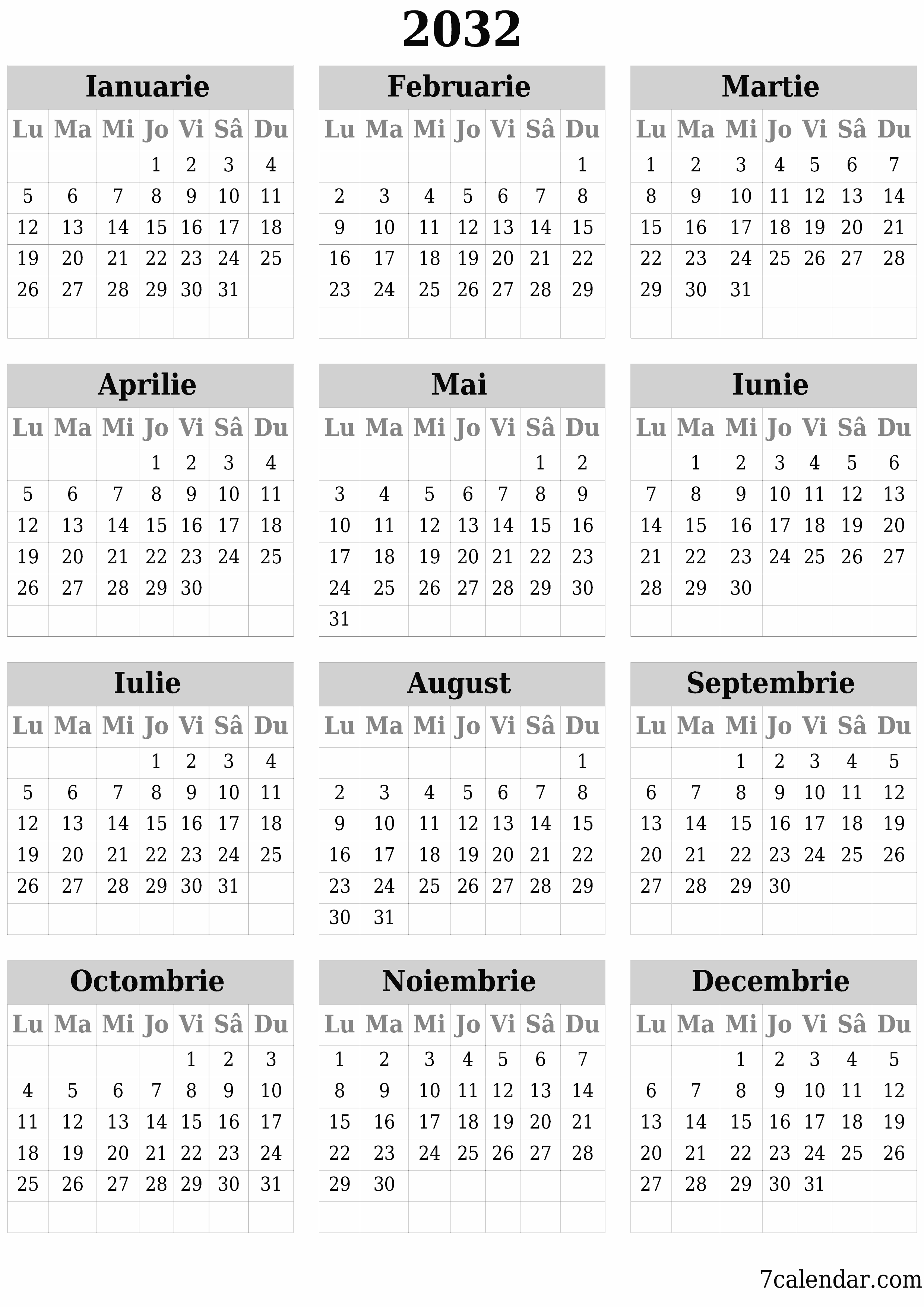 Goliți calendarul anual al planificatorului pentru anul 2032 cu note, salvați și tipăriți în PDF PNG Romanian