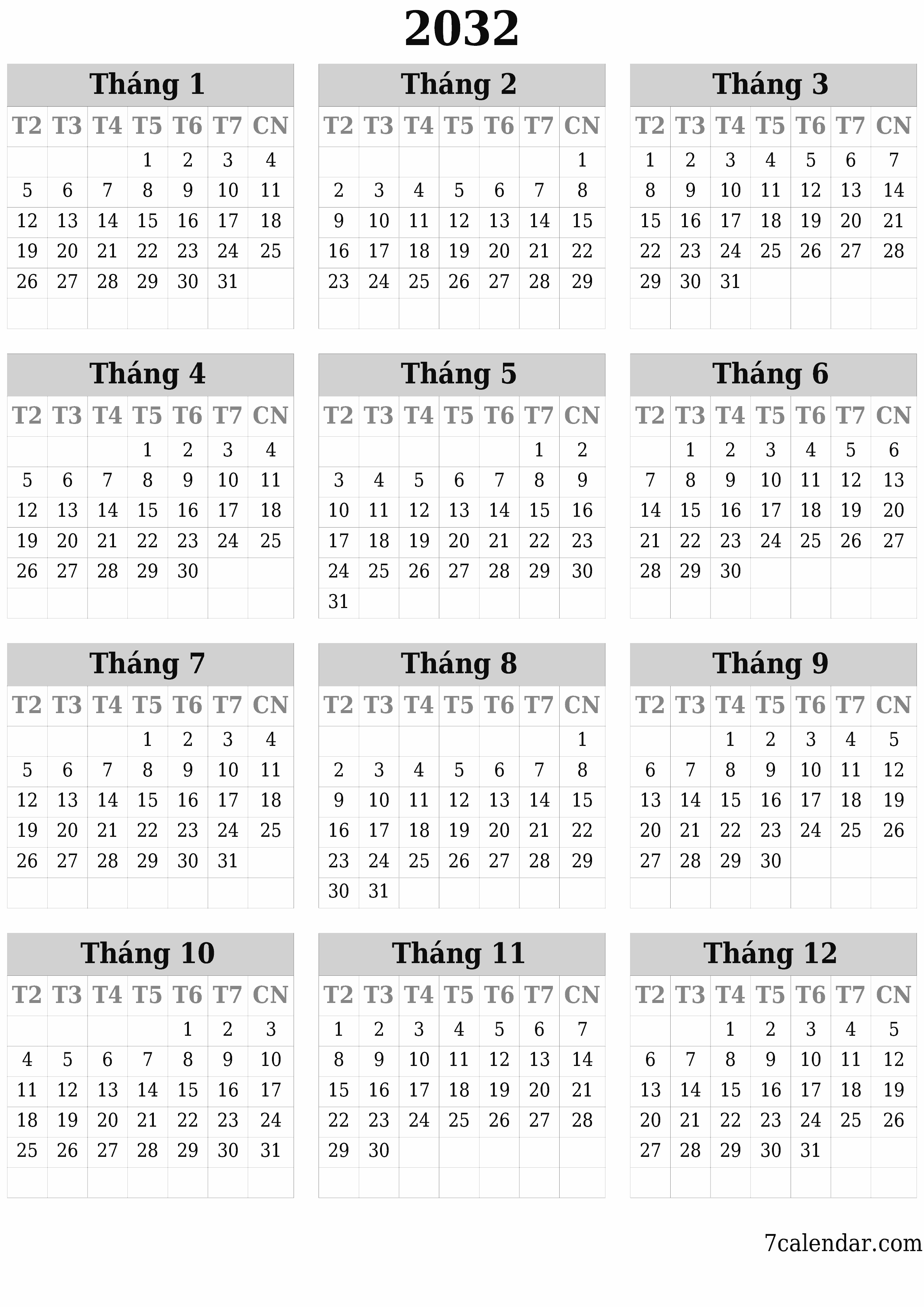  in được treo tường mẫu miễn phíthẳng đứng Hàng năm lịch Tháng 6 (Th6) 2032