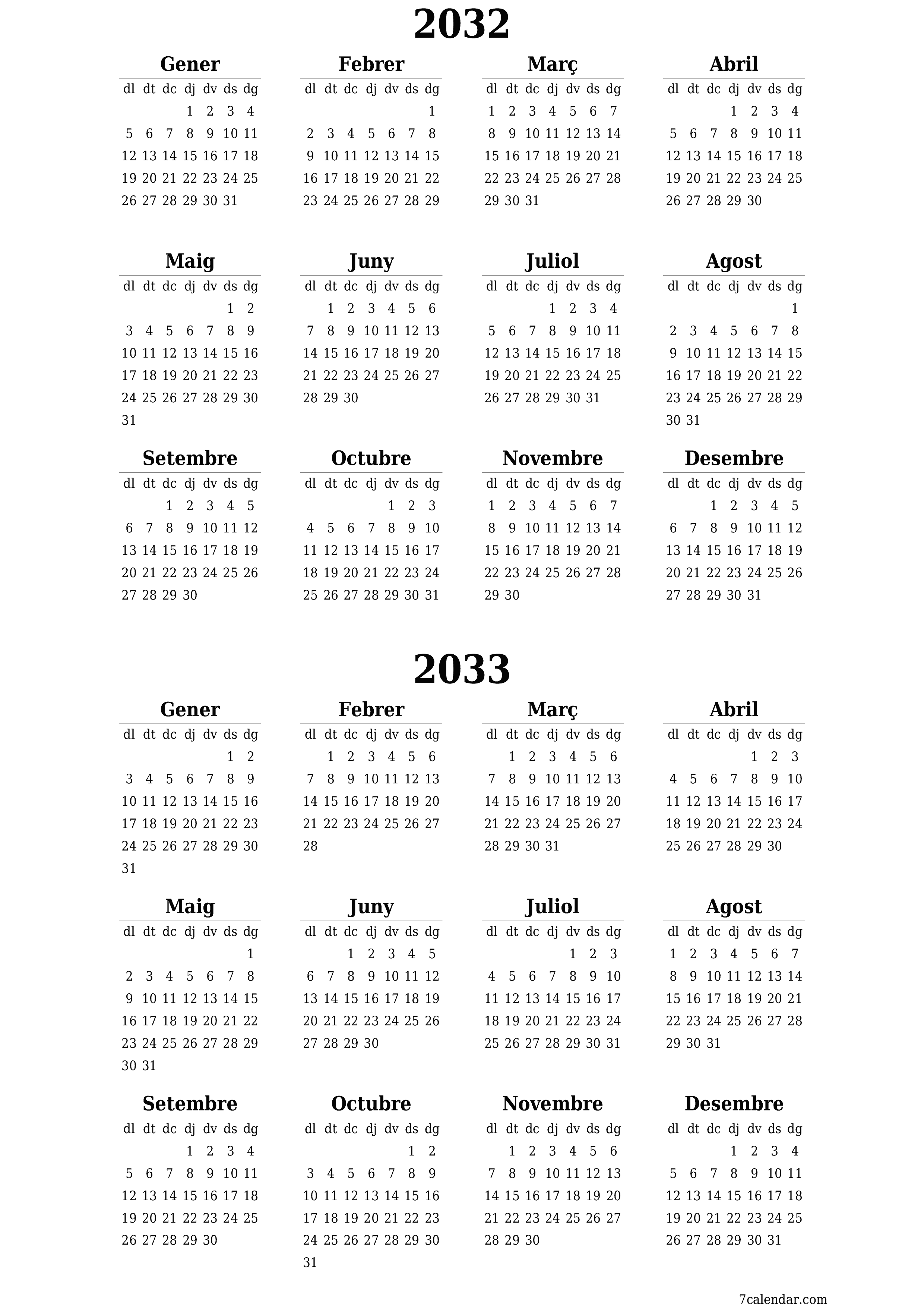  imprimible de paret plantilla de gratuïtvertical Anual calendari Juny (Jun) 2032