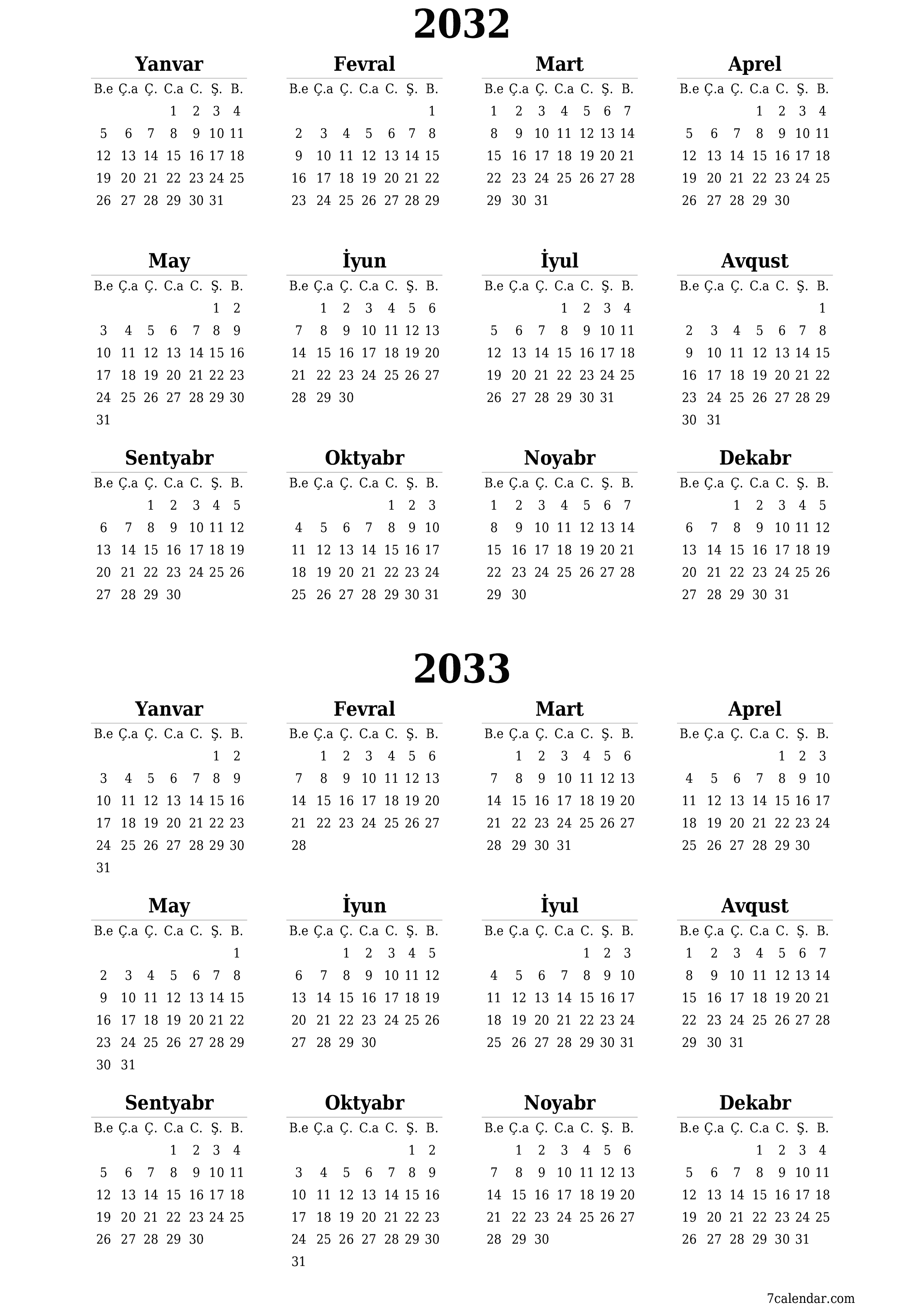 çap edilə bilən divar i şablonu pulsuz şaquli İllik təqvim İyun (İyun) 2032