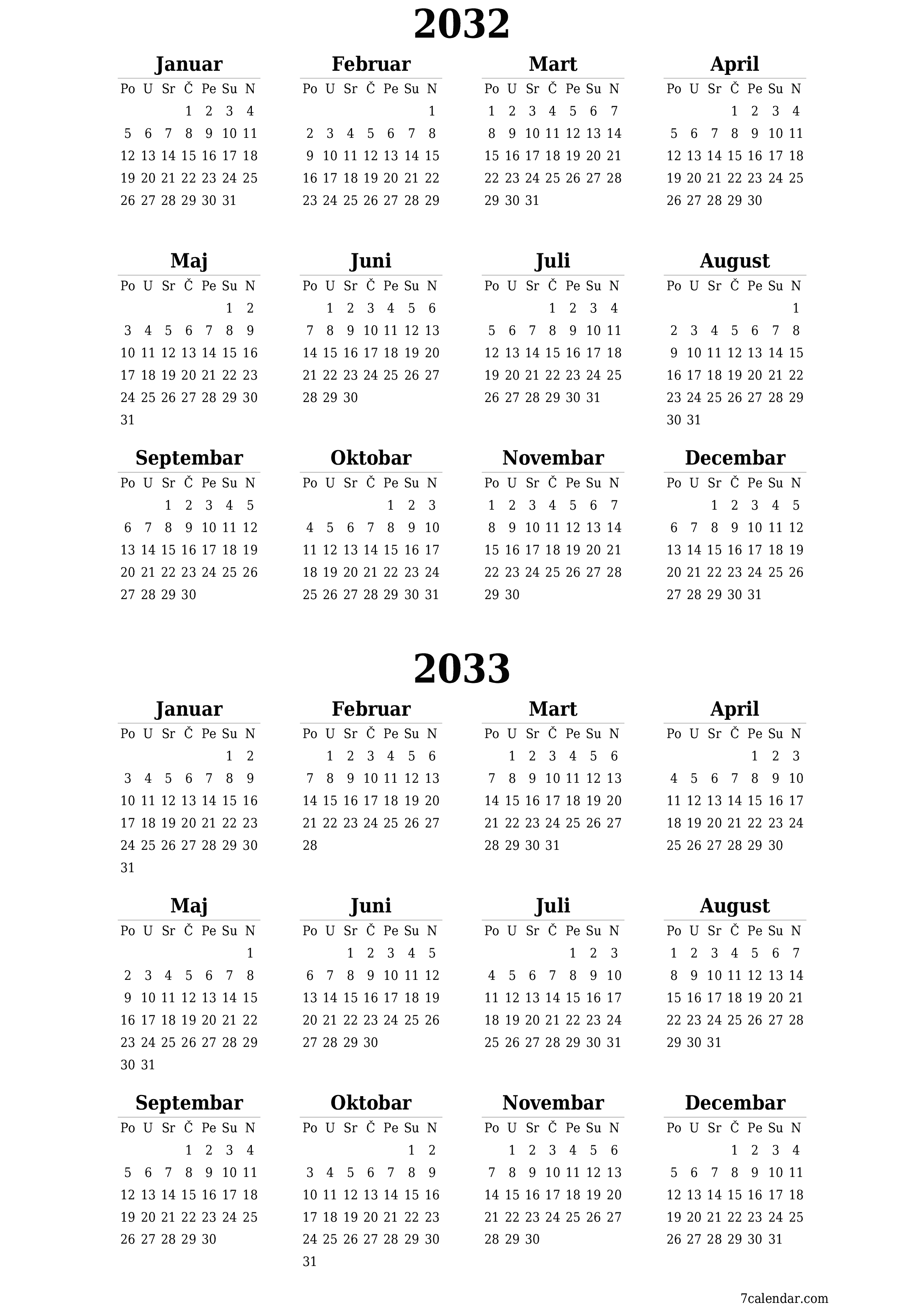  za štampanje zidni šablon a besplatni vertikalno Godišnje kalendar Juni (Jun) 2032
