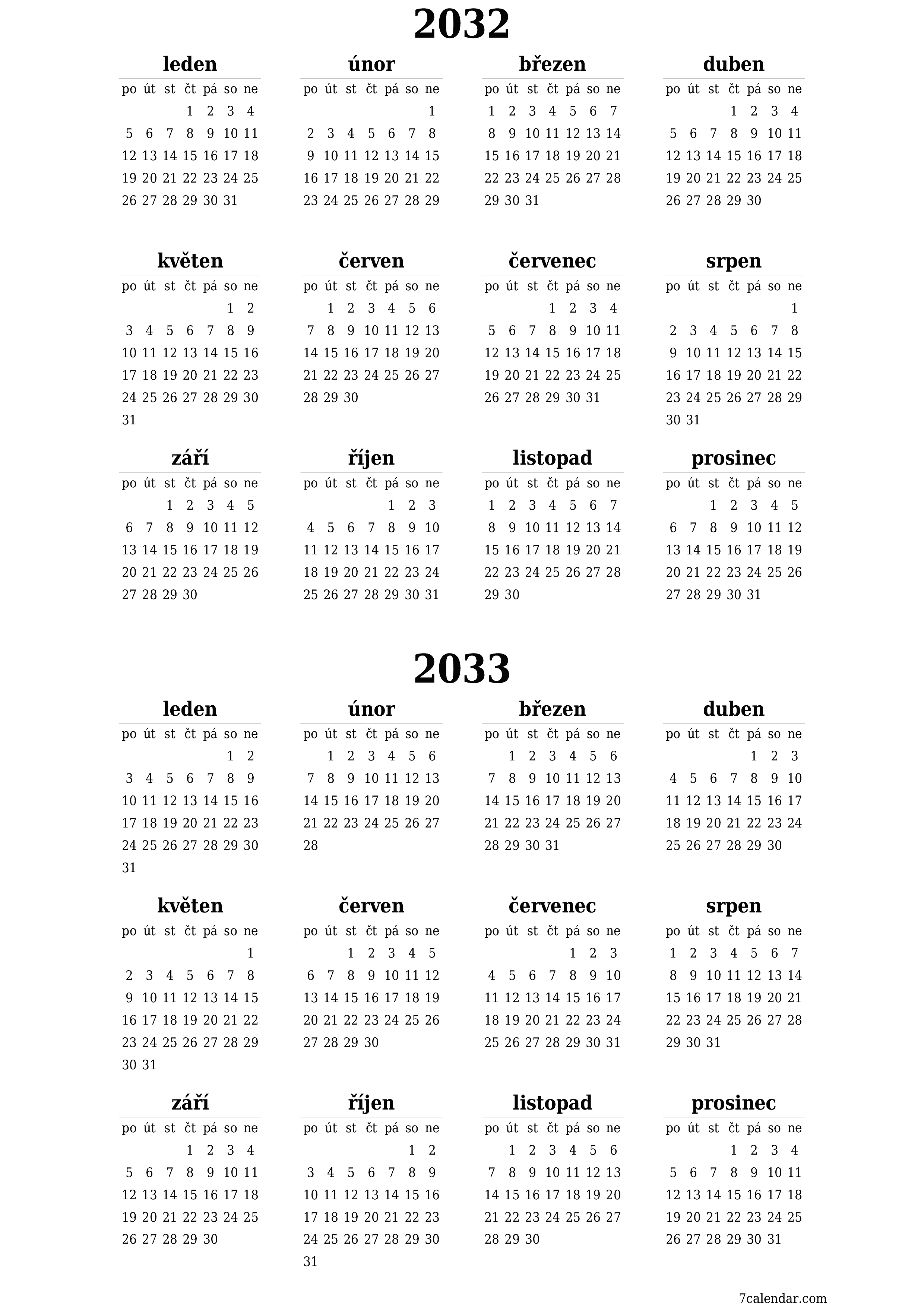  pro tisk nástěnný šablona e zdarmavertikální Roční kalendář červen (čvn) 2032