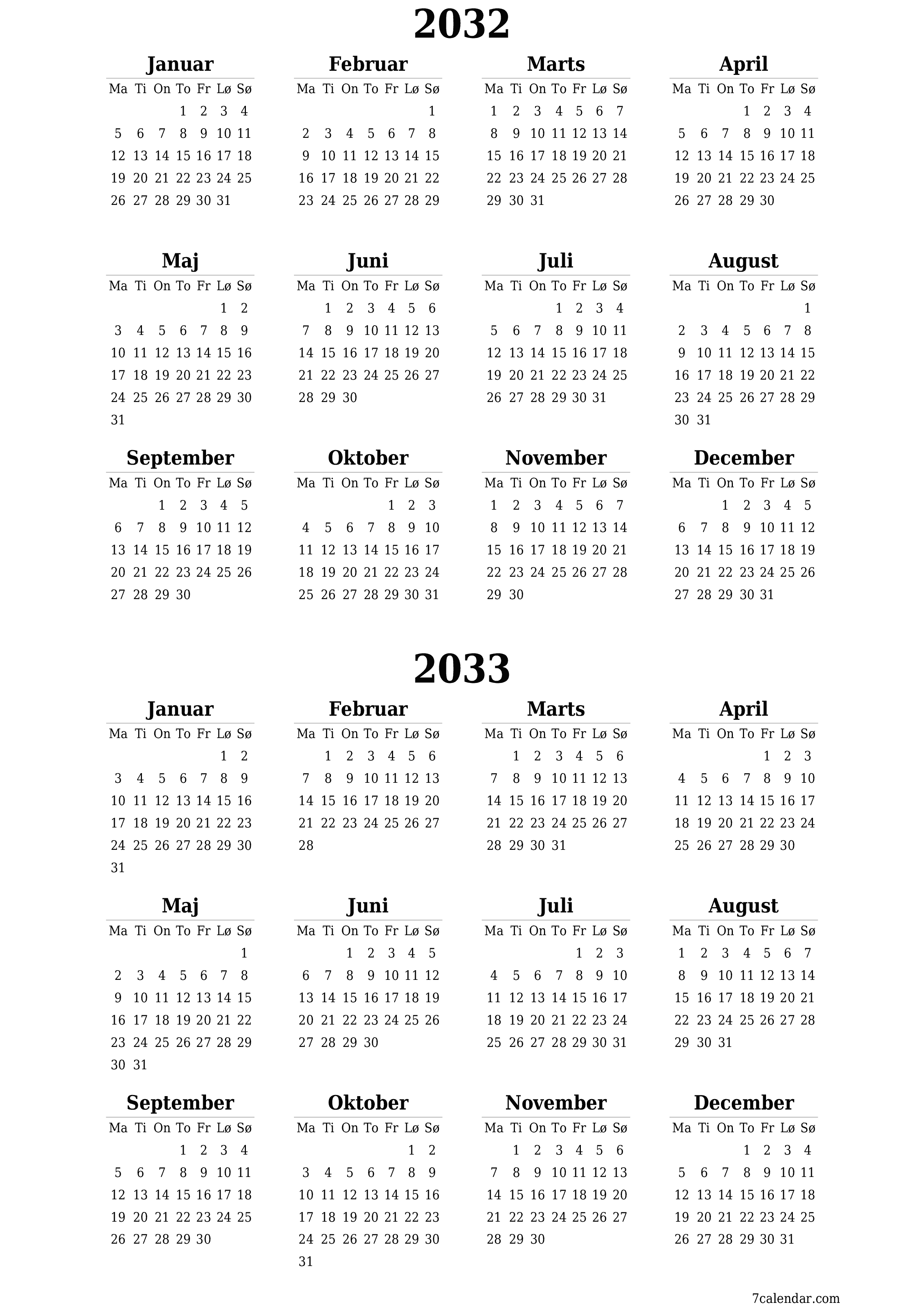 Tom årlig planlægningskalender for året 2032, 2033 med noter, gem og udskriv til PDF PNG Danish