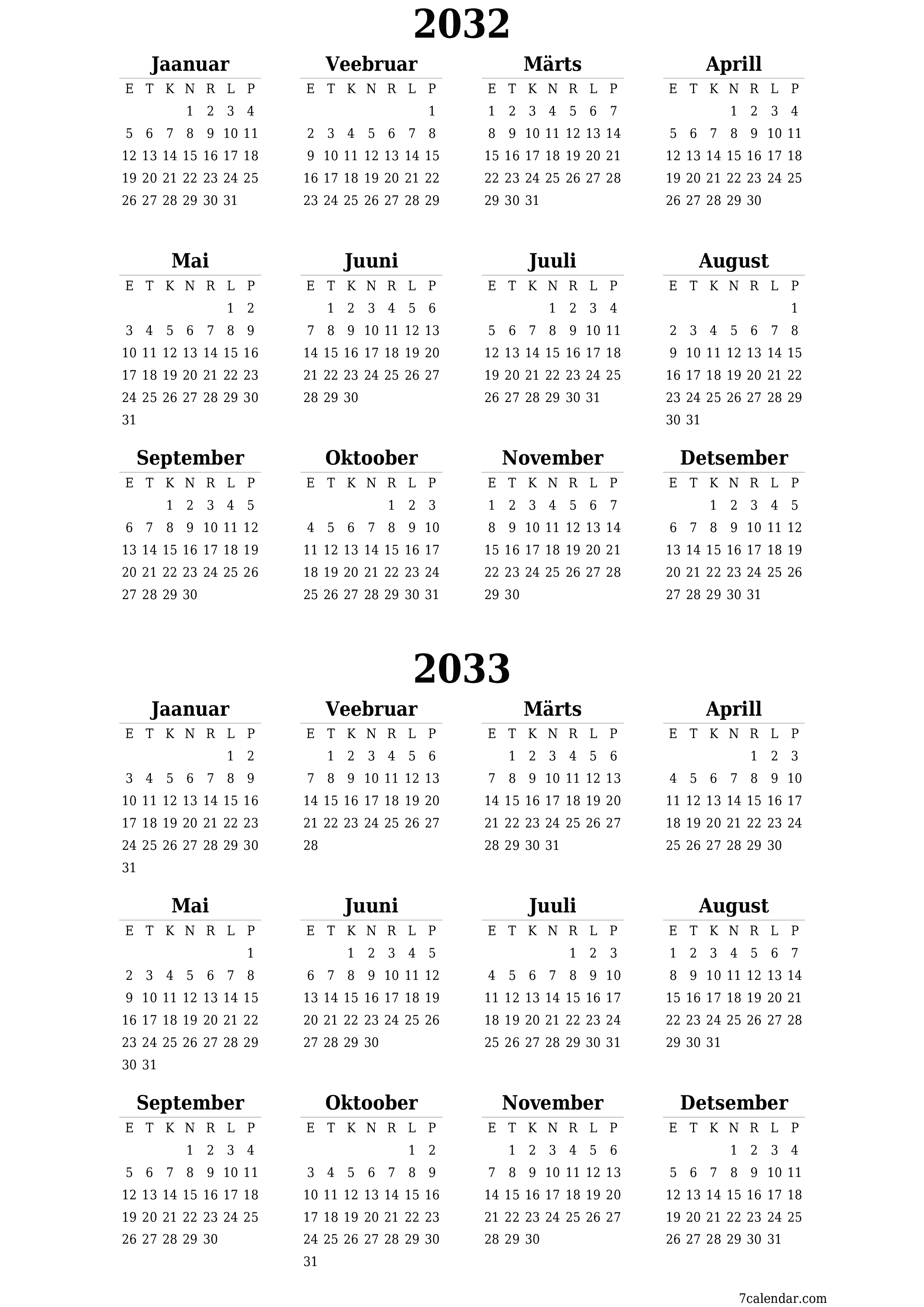 Tühi aasta planeerija kalender aastaks 2032, 2033 koos märkmetega, salvestage ja printige PDF-i PNG Estonian