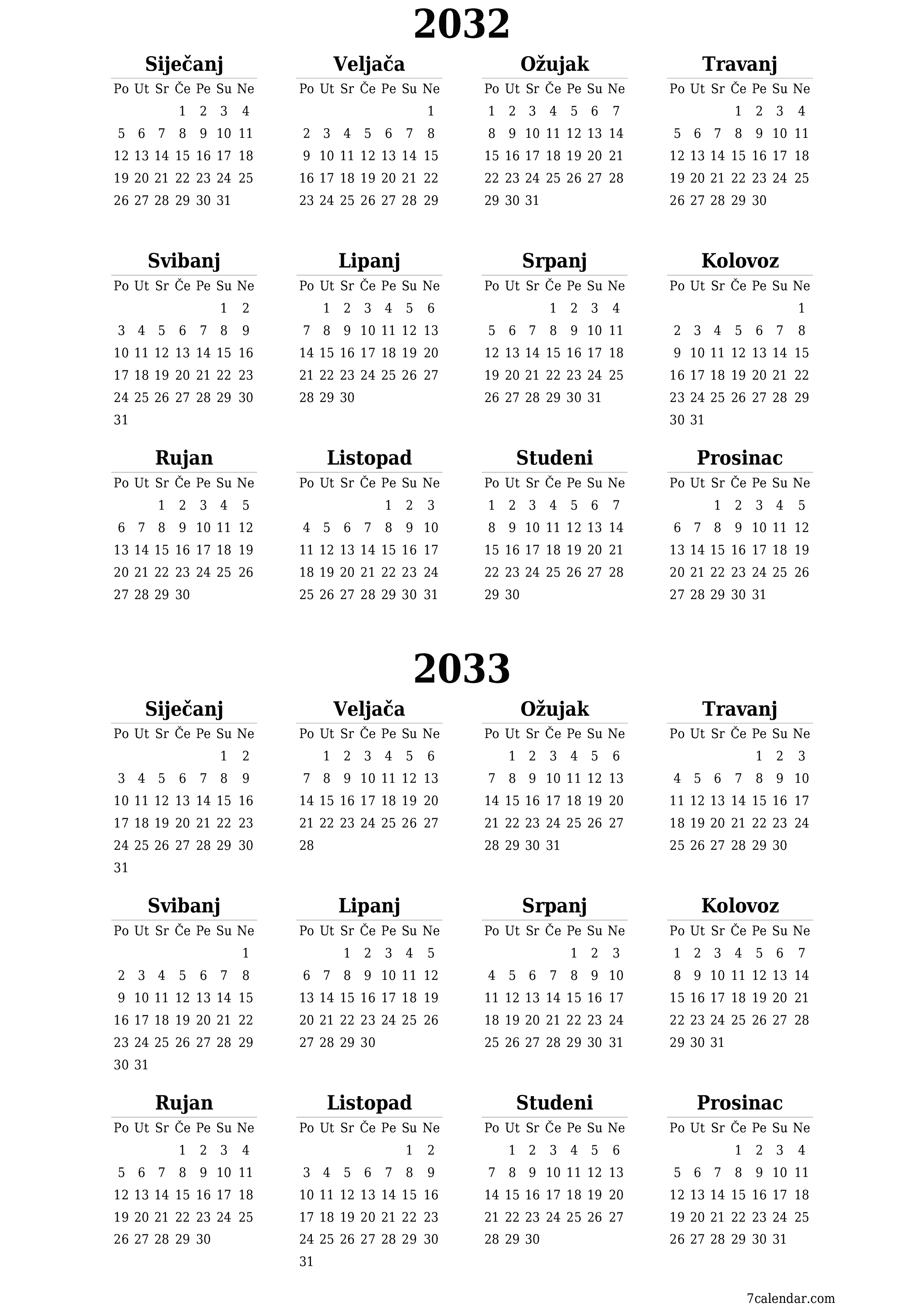 Ispraznite godišnji kalendar planera za godinu 2032, 2033 s bilješkama, spremite i ispišite u PDF PNG Croatian