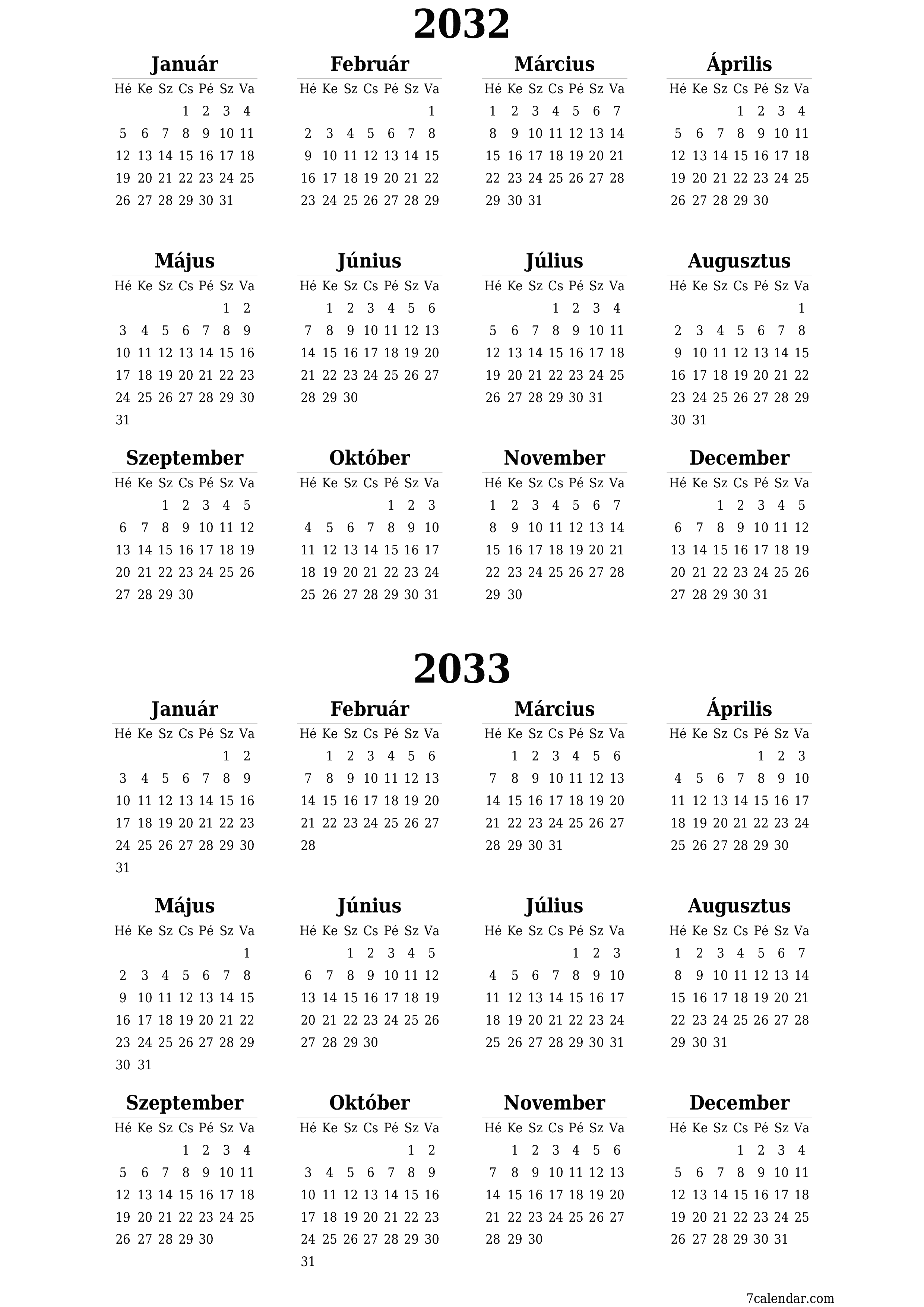 Üres éves tervezői naptár az évre 2032, 2033 jegyzetekkel, mentés és nyomtatás PDF-be PNG Hungarian