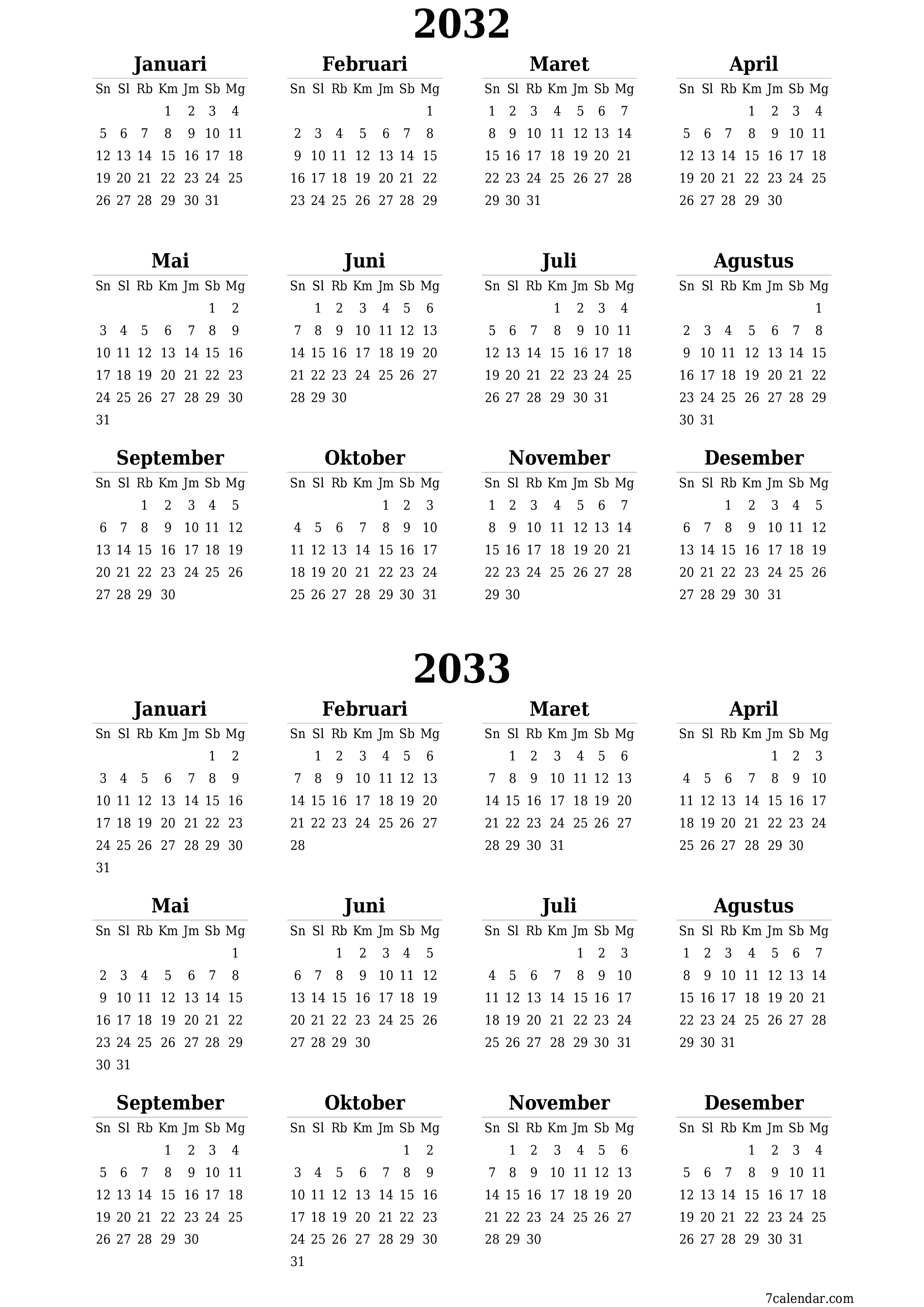 Kosongkan kalender perencana tahunan untuk tahun ini 2032, 2033 dengan catatan, simpan dan cetak ke PDF PNG Indonesian