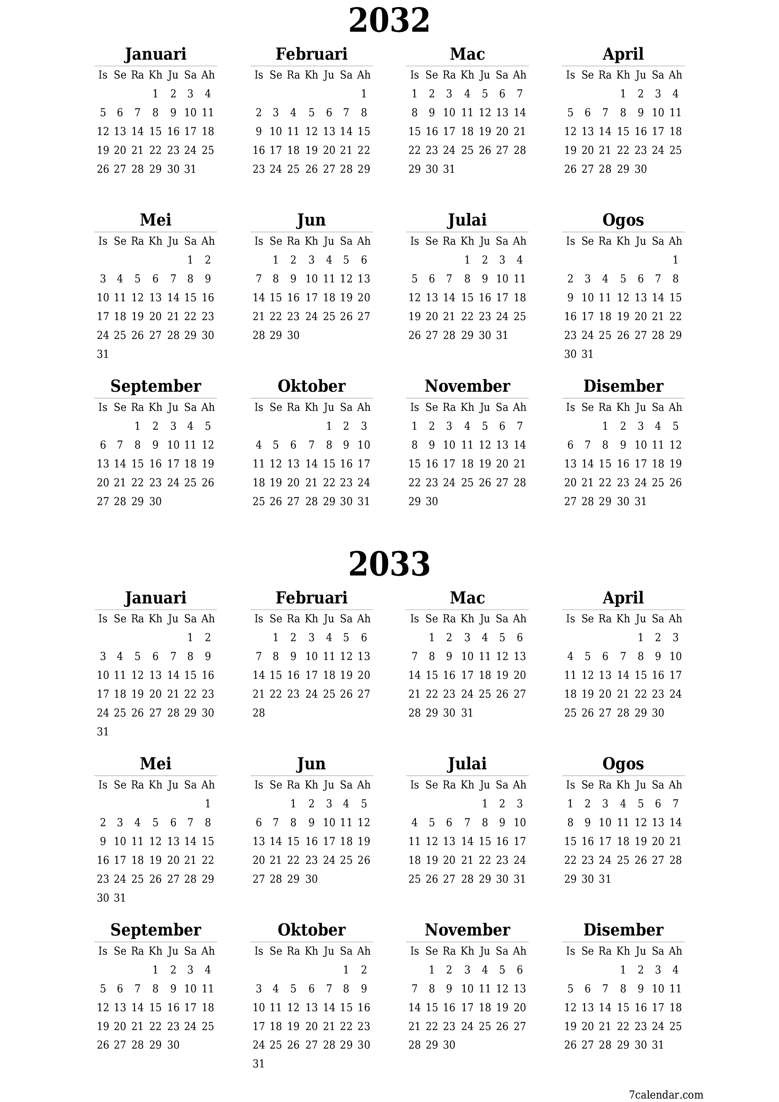 Kalendar perancang tahunan kosong untuk tahun ini 2032, 2033 dengan nota, simpan dan cetak ke PDF PNG Malay