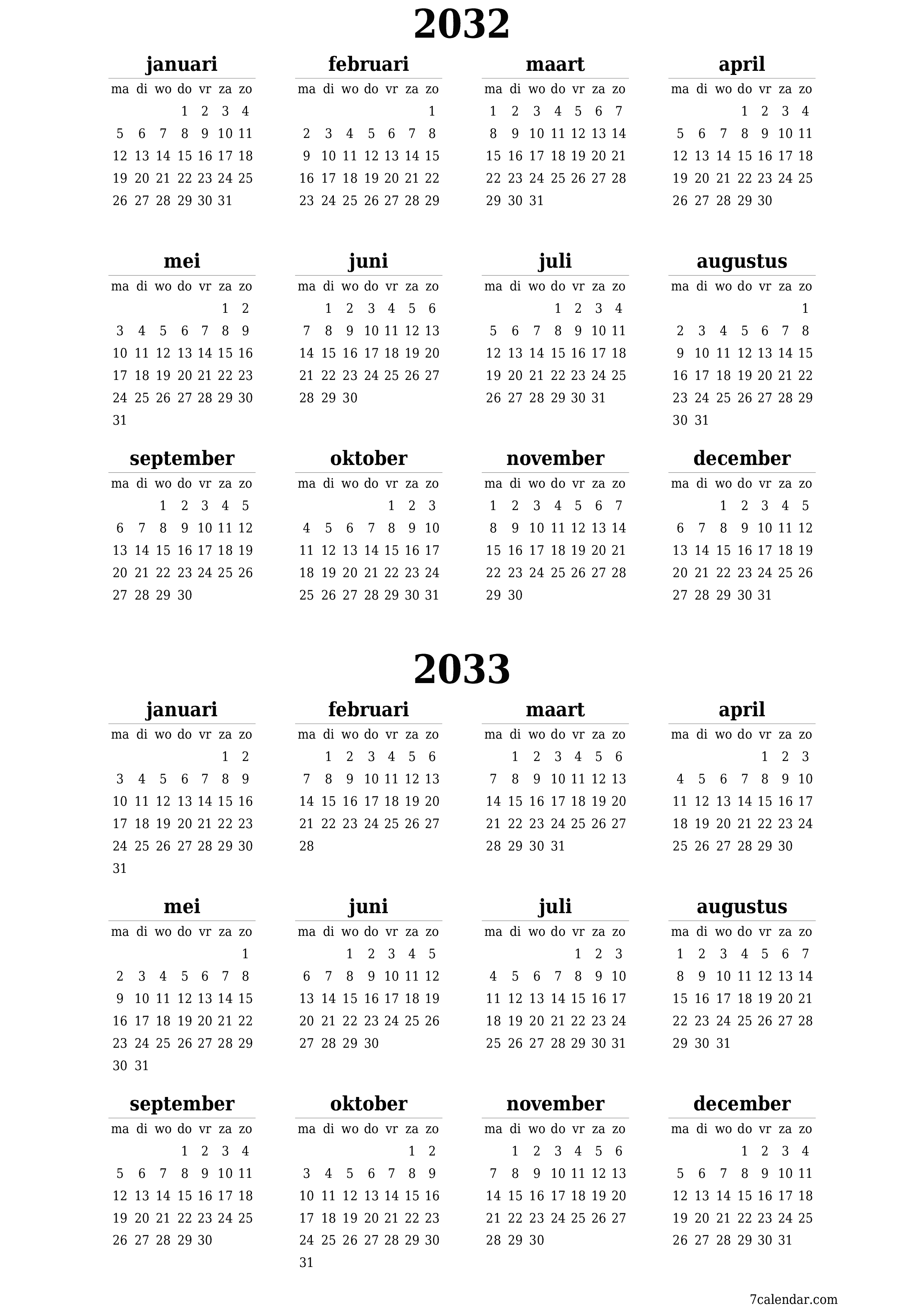 Lege jaarplanningskalender voor het jaar 2032, 2033 met notities, opslaan en afdrukken naar pdf PNG Dutch