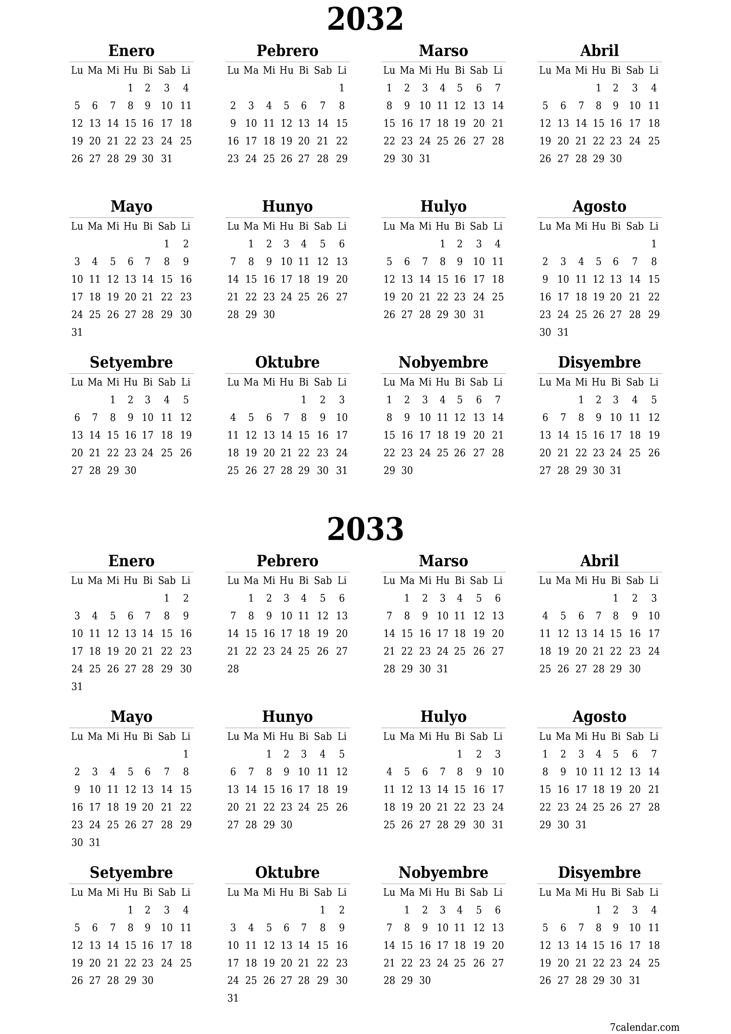 Walang laman ang taunang kalendaryo ng tagaplano para sa taong 2032, 2033 na may mga tala, i-save at i-print sa PDF PNG Filipino